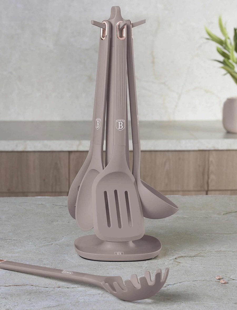 Berlingerhaus - 6 pcs kitchen tool set with stand, silicone, matt taupe - fischschneider & spatel - taupe collection - 1