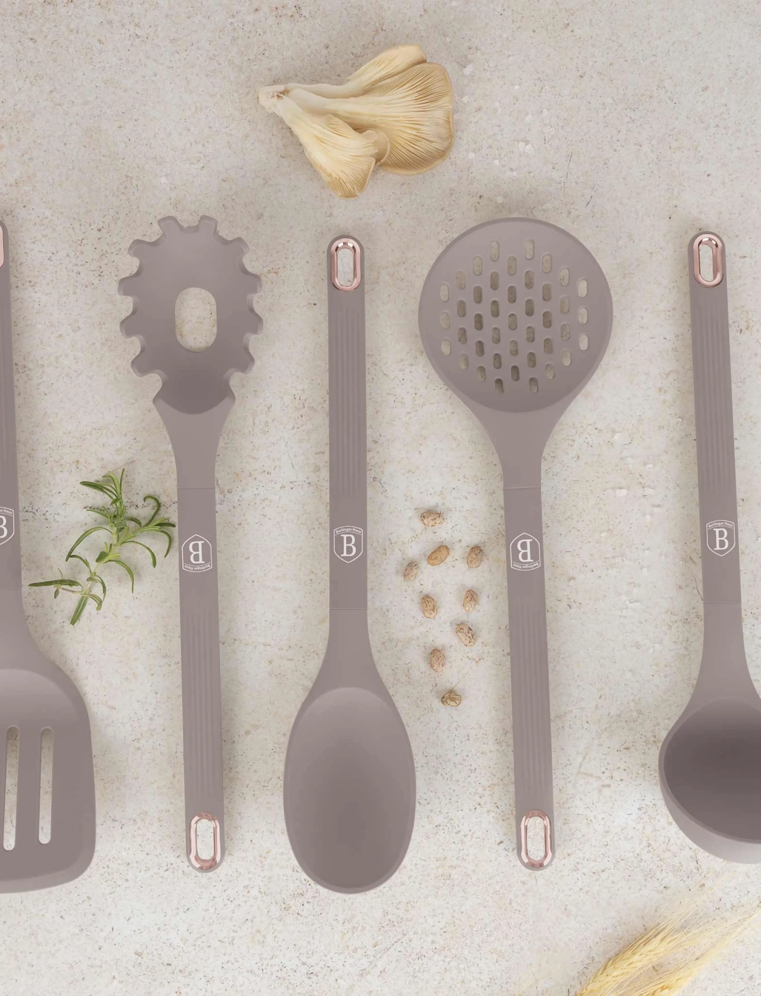 Berlingerhaus - 6 pcs kitchen tool set with stand, silicone, matt taupe - lusikad, kulbid ja pannilusikad - taupe collection - 3