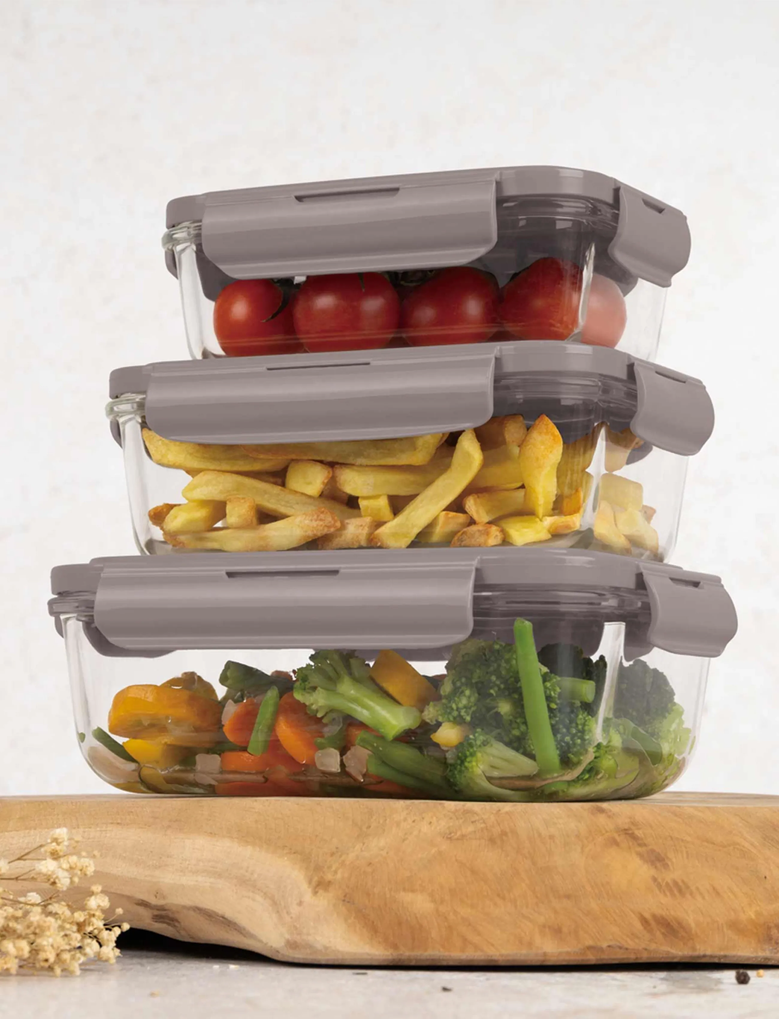 Berlingerhaus 3 Pcs Glass Food Container Set, Taupe, 570ml|840ml|1180ml, Kitchen Storage, Grau - Boxes & Containers, Homeware
