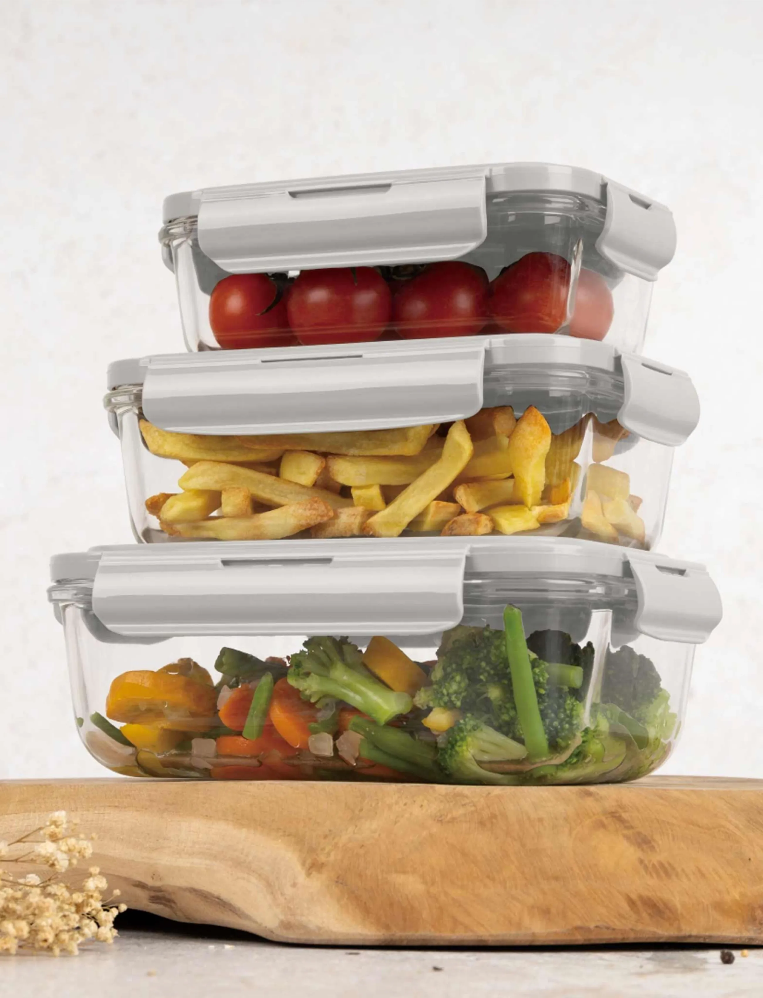 Berlingerhaus 3 Pcs Glass Food Container Set, Cream, 570ml|840ml|1180ml, Kitchen Storage, Creme - Boxes & Containers, Homeware