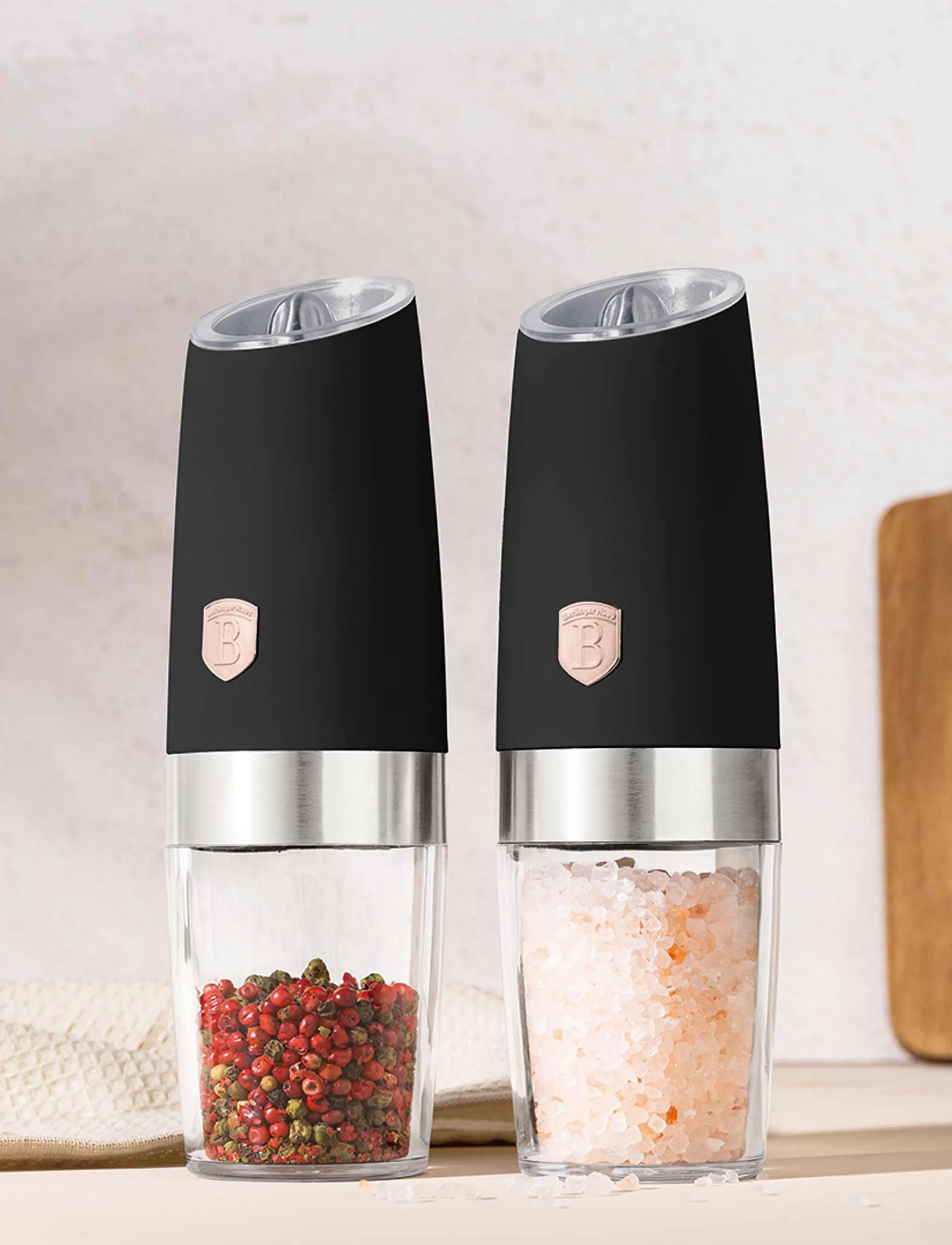 Berlingerhaus - Gravity pepper and salt mill, 2 pcs set, black- rose gold - salt & pepper grinders - black/rose gold - 2