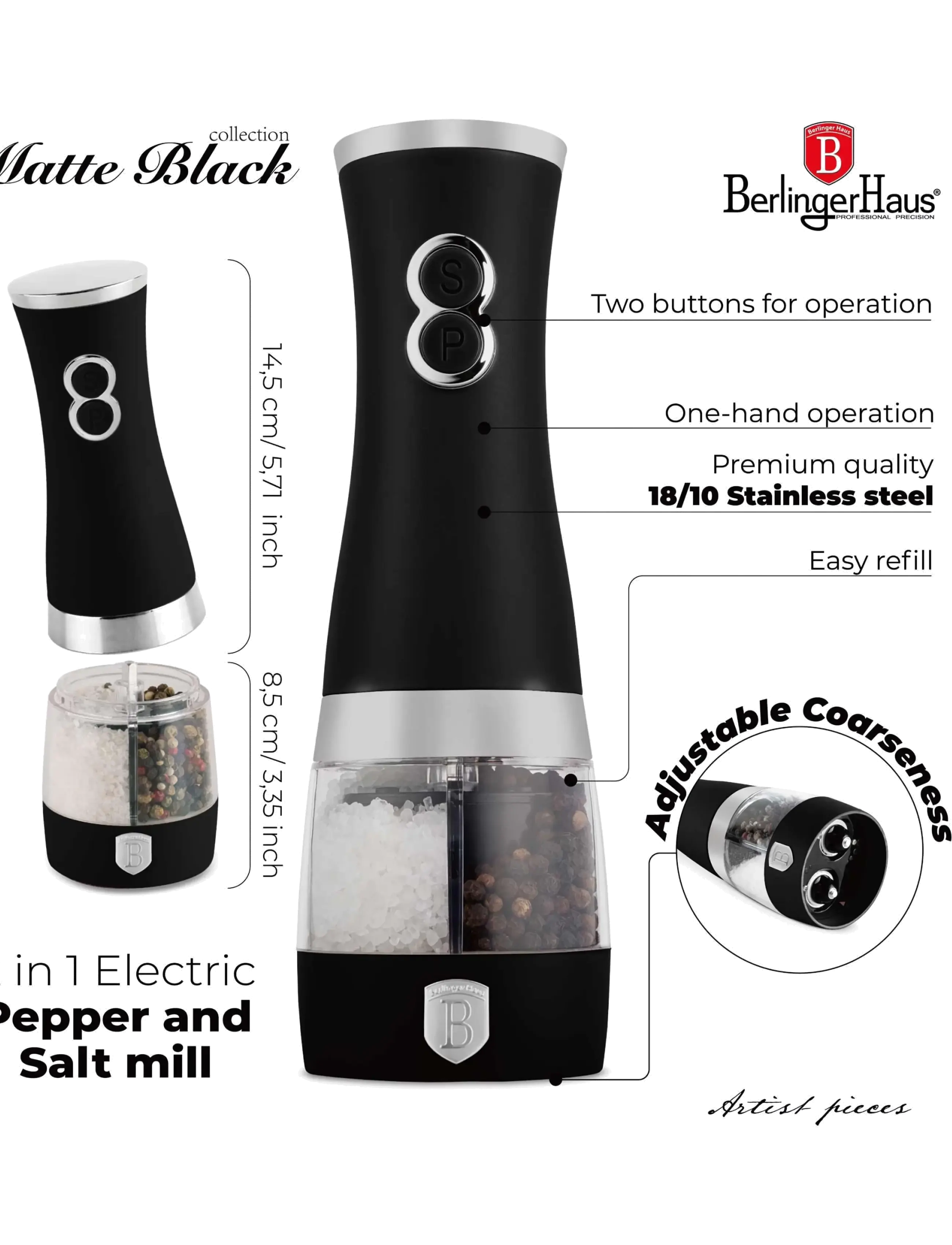 Berlingerhaus - 2 in 1 electric pepper and salt mill, matt black - soola- ja pipraveskid - matt black - 4