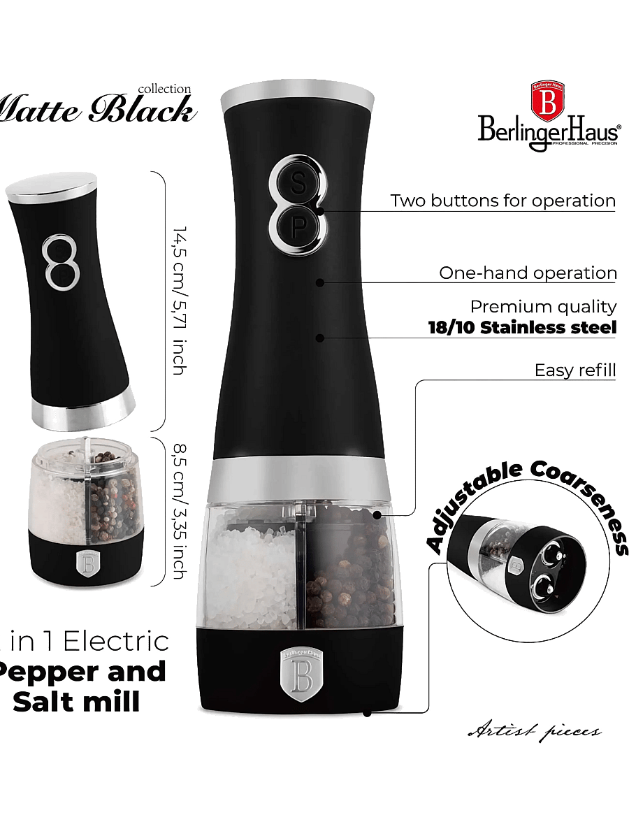 Berlingerhaus - 2 in 1 electric pepper and salt mill, matt black - soola- ja pipraveskid - matt black - 4