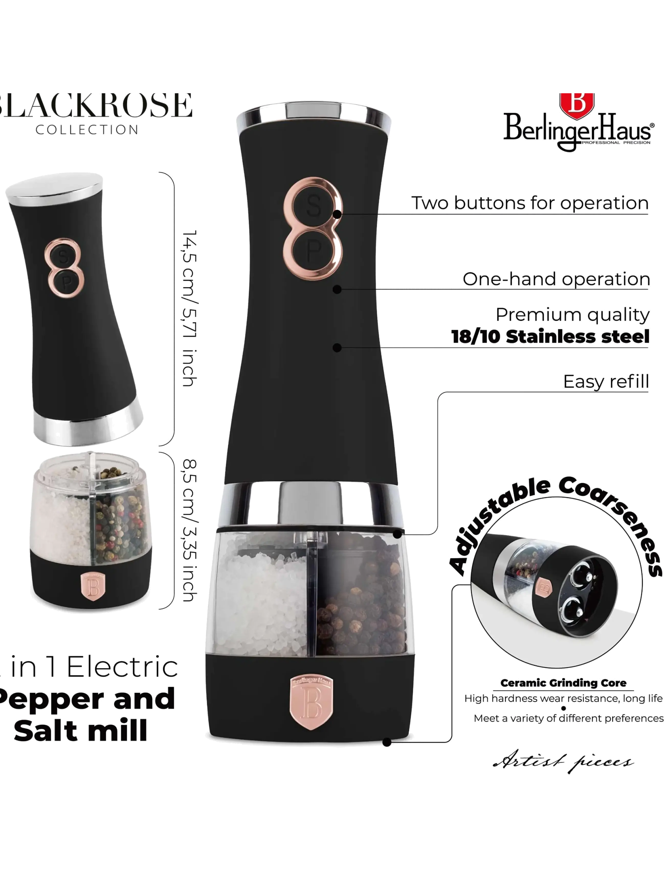 Berlingerhaus - 2 in 1 electric pepper and salt mill, black- rose gold - salt & pepper grinders - black/rose gold - 4