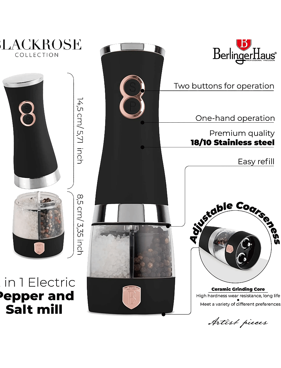 Berlingerhaus - 2 in 1 electric pepper and salt mill, black- rose gold - soola ja pipra topsid - black/rose gold - 3