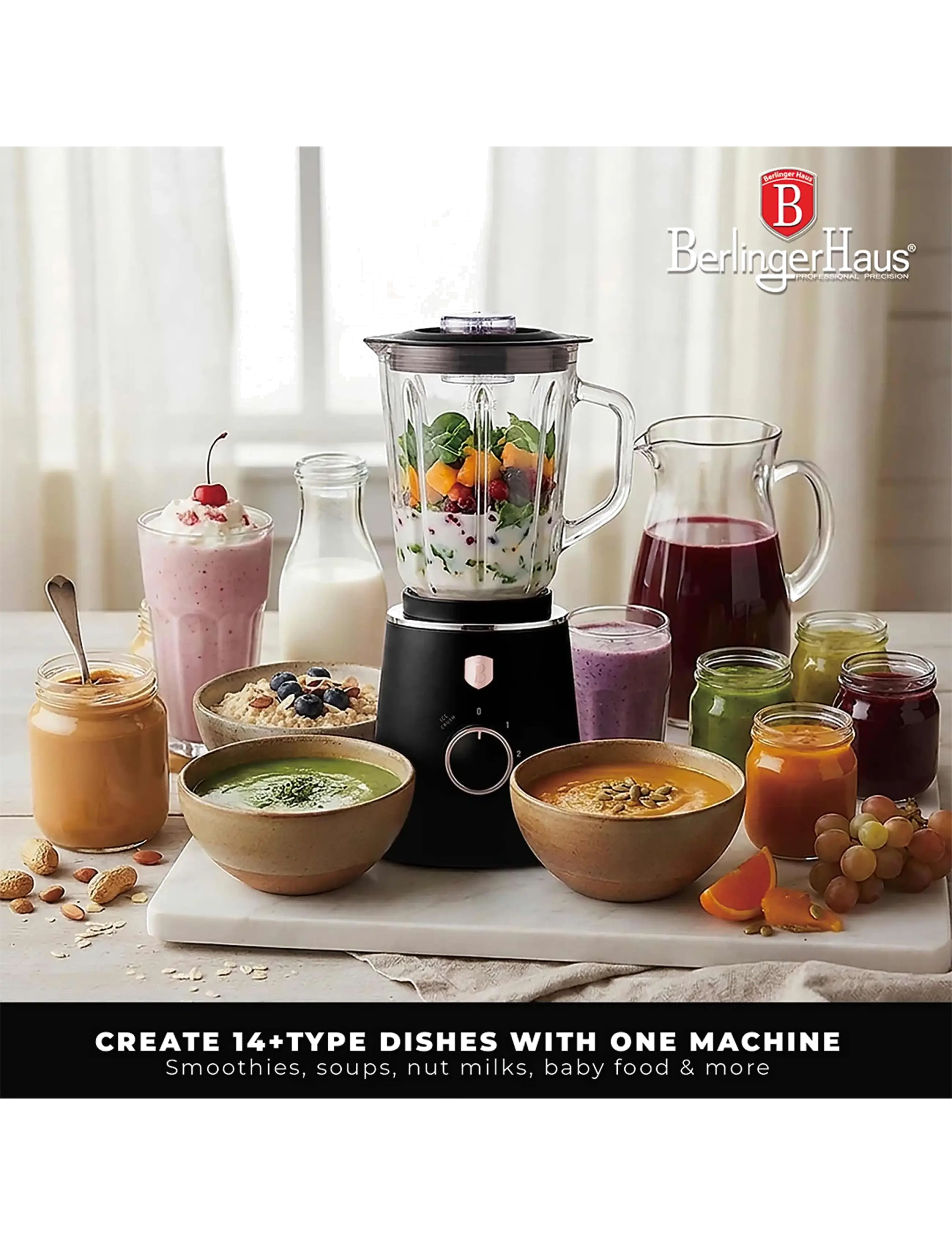 Berlingerhaus - Table blender with 1,5 L GLASS jar, 1000 W, black- rose gold - mixers & blenders - black rose collection - 2