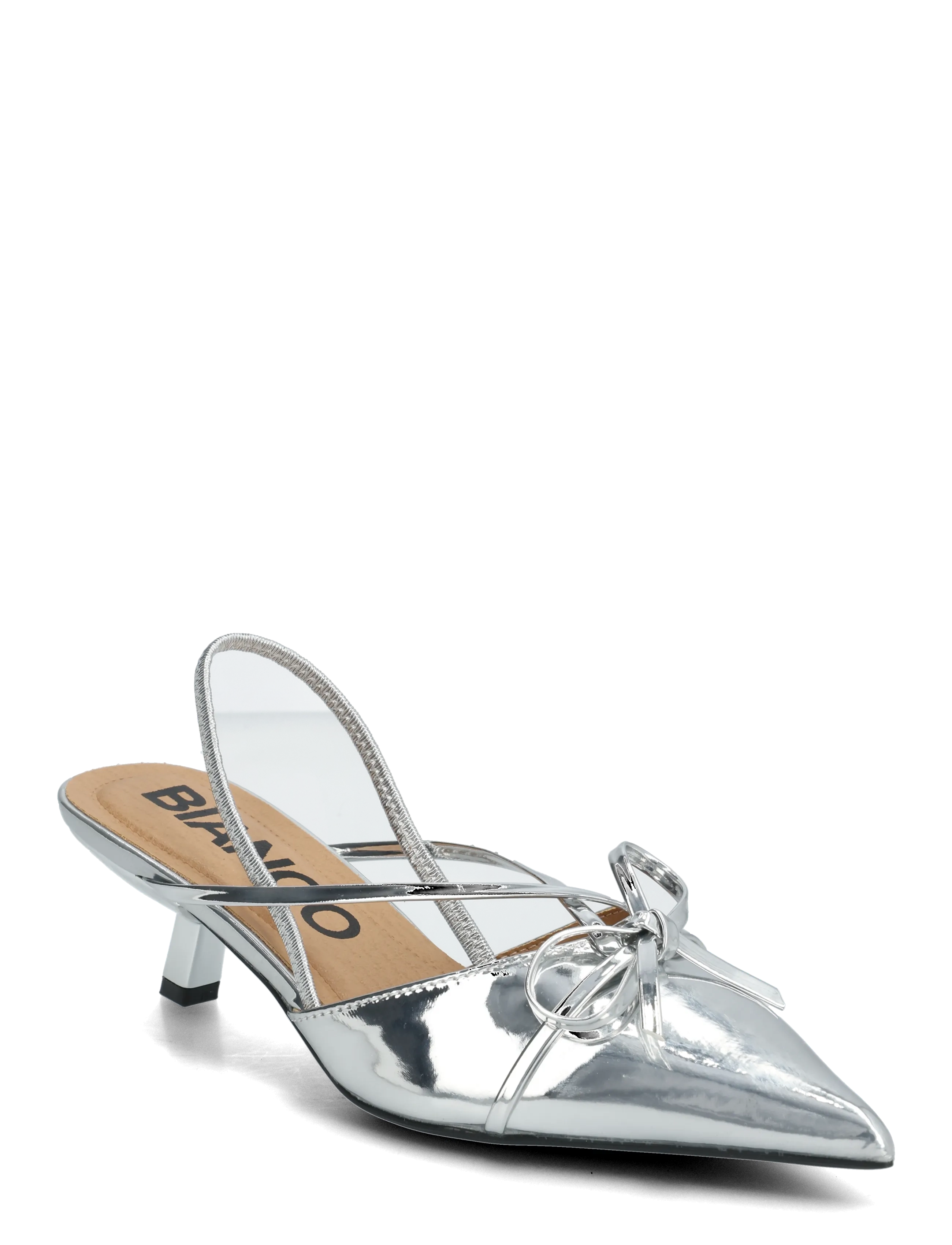 Bianco Biakristin Kitten Heel Bow Slingback Faux Leather, Kvinder, Sløjfe Slingback Kitten Heel Pumps, Sølv, Str: 39