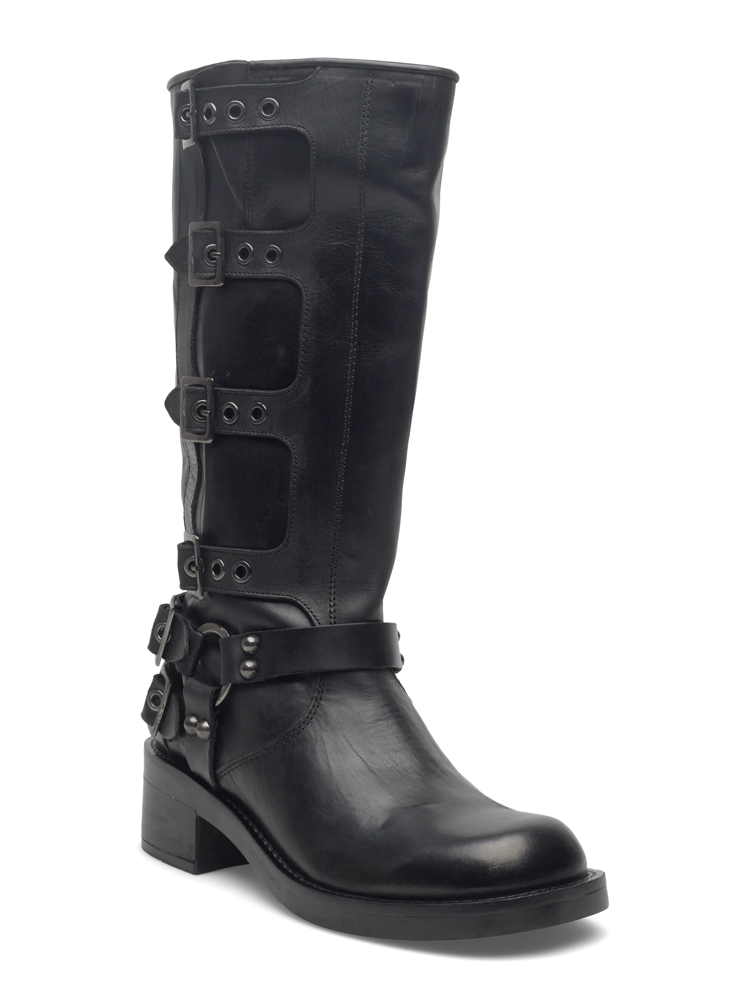 Bianco Biaharper Buckle Biker Boot Pull Up Leather, 38, Black, Tall Boots > Knee High Boots, Dame