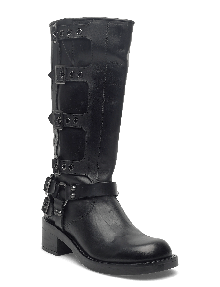 Bianco - BIAHARPER Buckle Biker Boot Pull Up Leather - kniehohe stiefel - black - 0