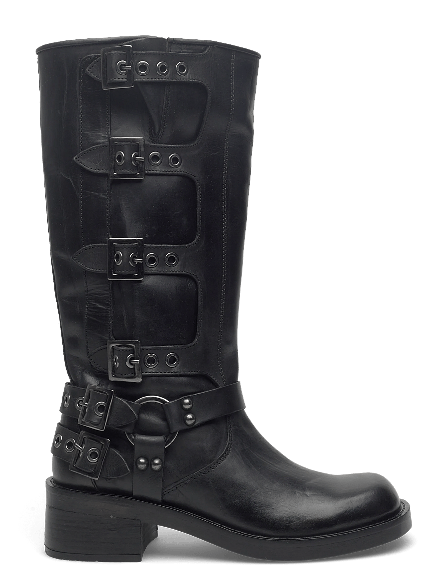 Bianco - BIAHARPER Buckle Biker Boot Pull Up Leather - kniehohe stiefel - black - 1