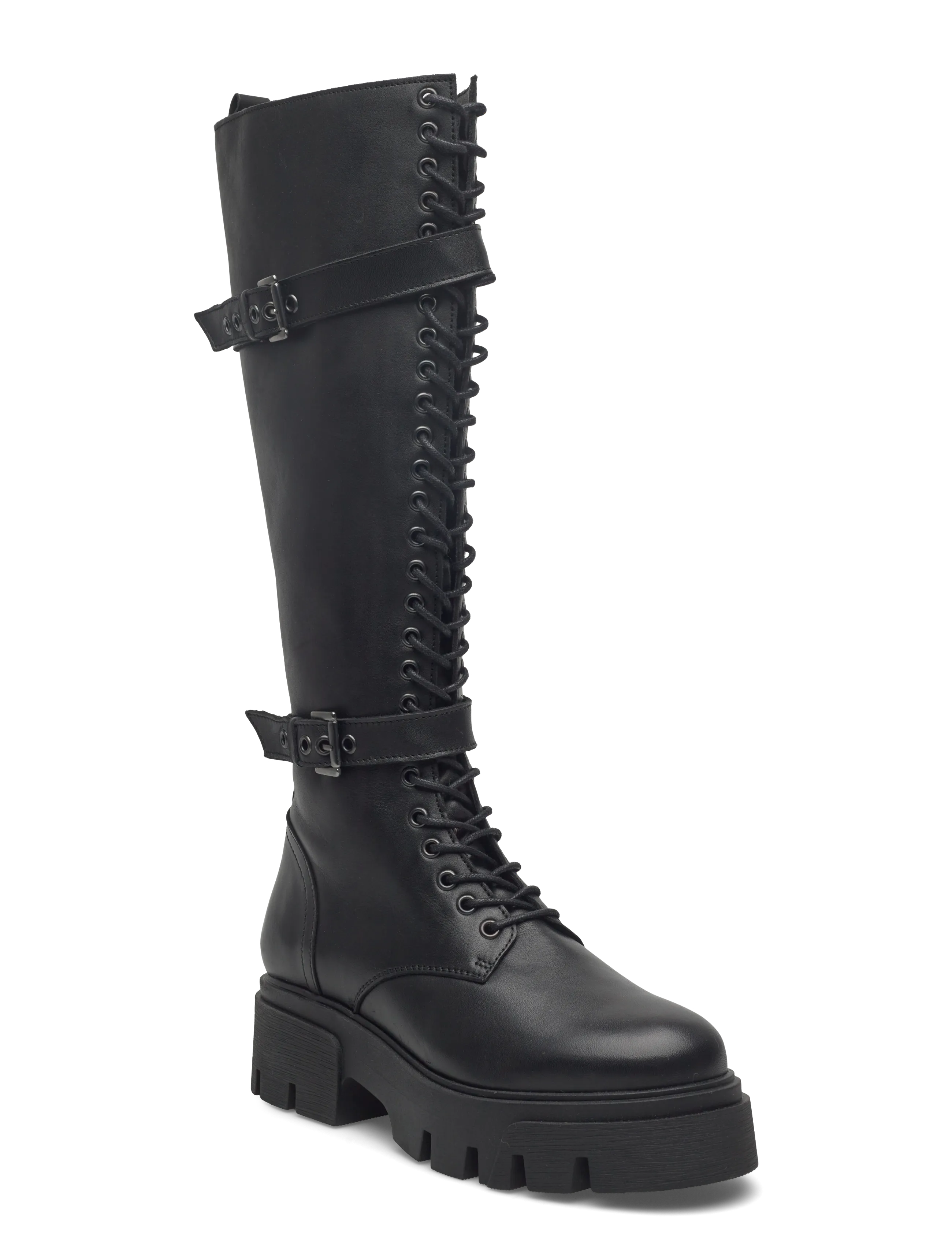 BIAMIA Knee High Lace Up Boot Smooth Leather - BLACK