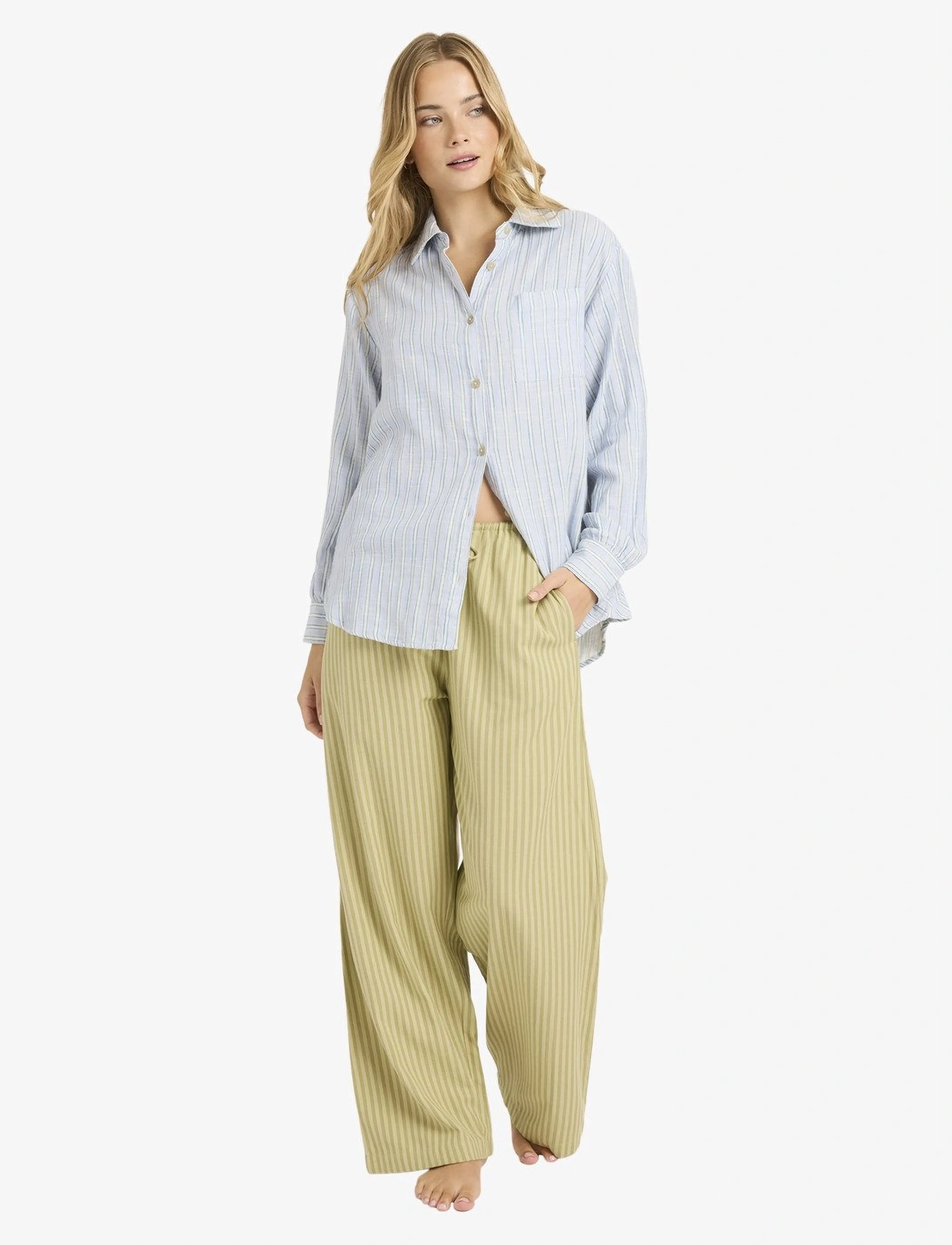Billabong Another Wave Pant, Damen, Gestreifte Weite Beine Tunnelzughose, Beige, Gr.L
