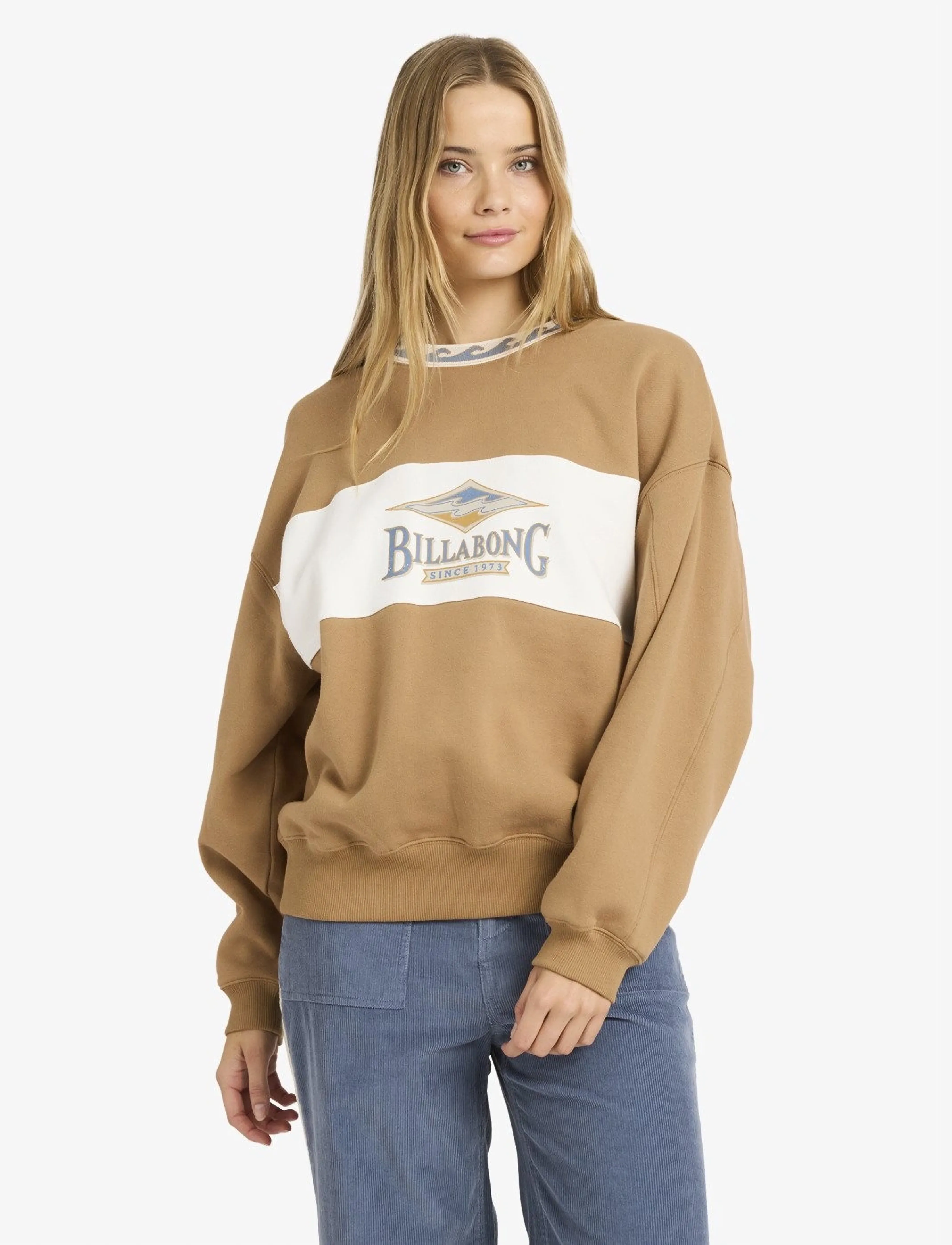 Billabong Point Break Crew, Kvinder, Grafisk Tryk Farveblok Sweatshirt, Brun, Str: XS