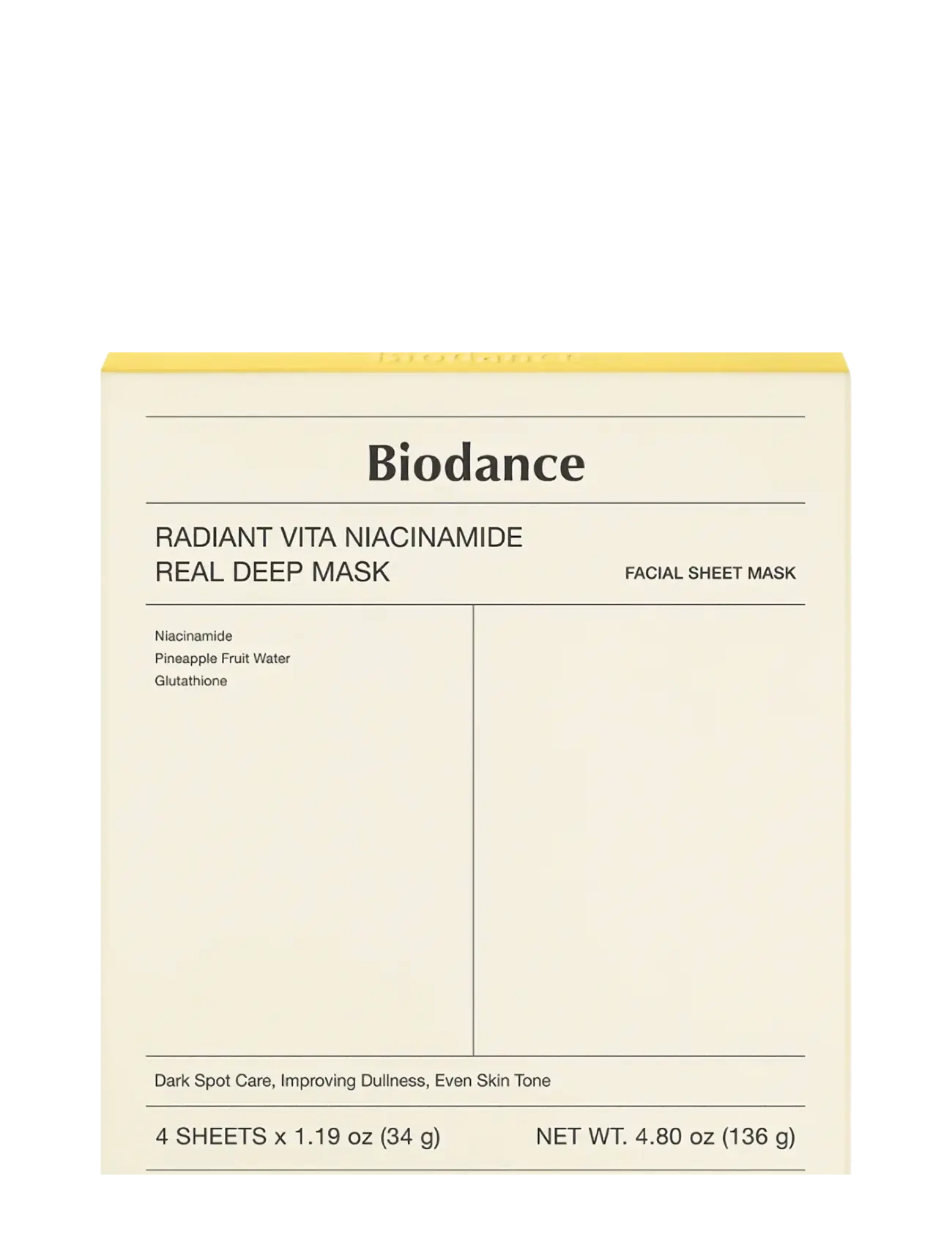 Biodance Radiant Vita Niacinamide Real Deep Mask (4 Pcs.), 4 PCS, Nude, Masker > Sheetmask, Dame