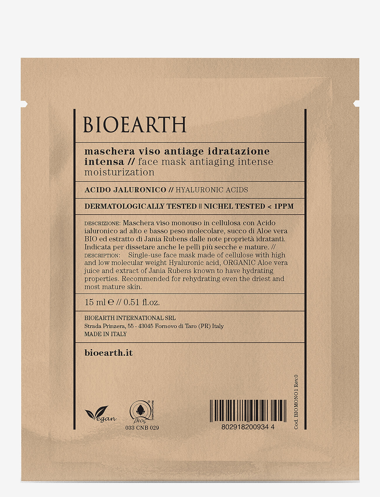 Bioearth - Bioearth Face Sheet Mask antiaging intense moisturization - Hyaluronic acid - hudvård - clear - 0