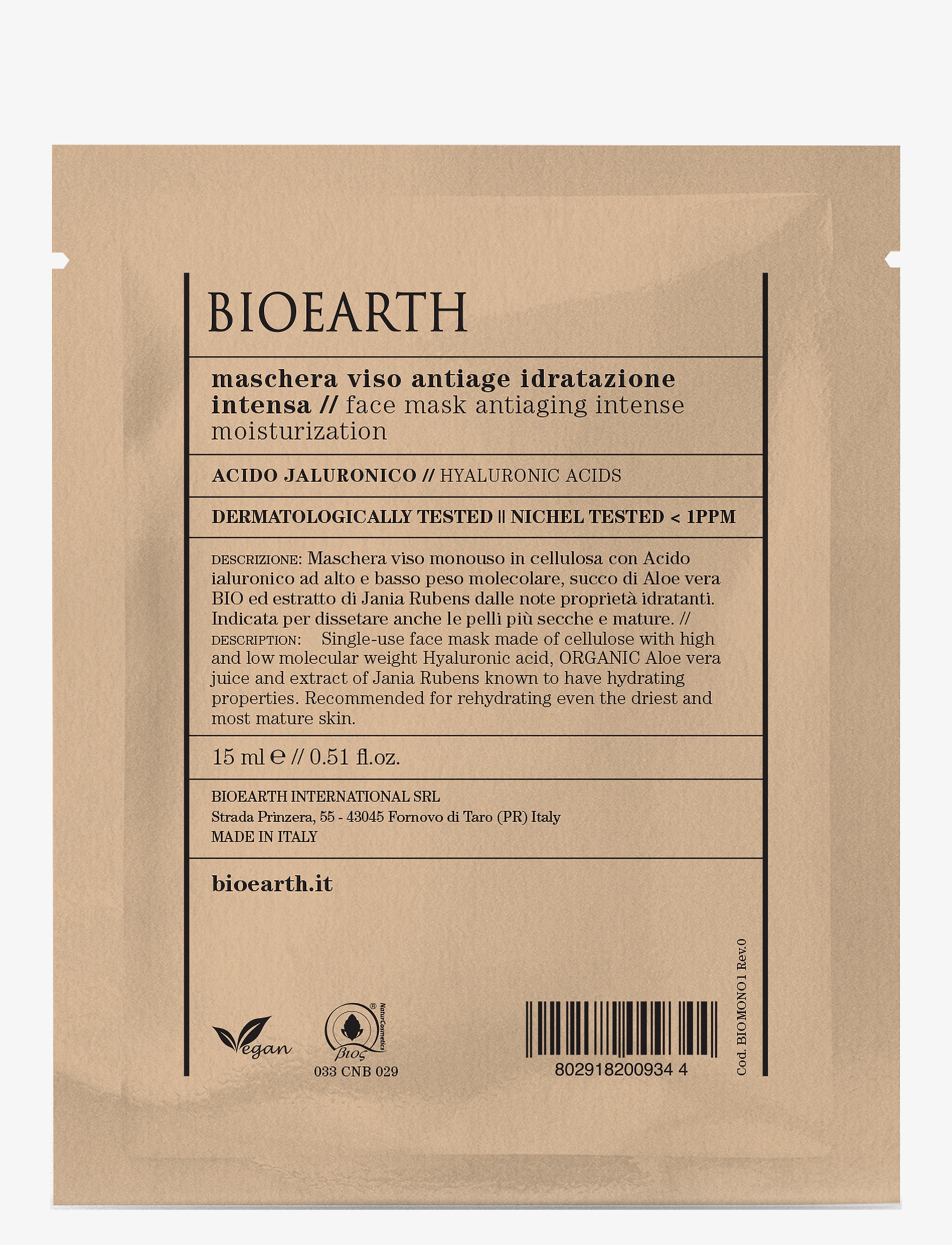 Bioearth Bioearth Face Sheet Mask antiaging intense moisturization - Hyaluronic acid - Sheet masks - CLEAR / undefined