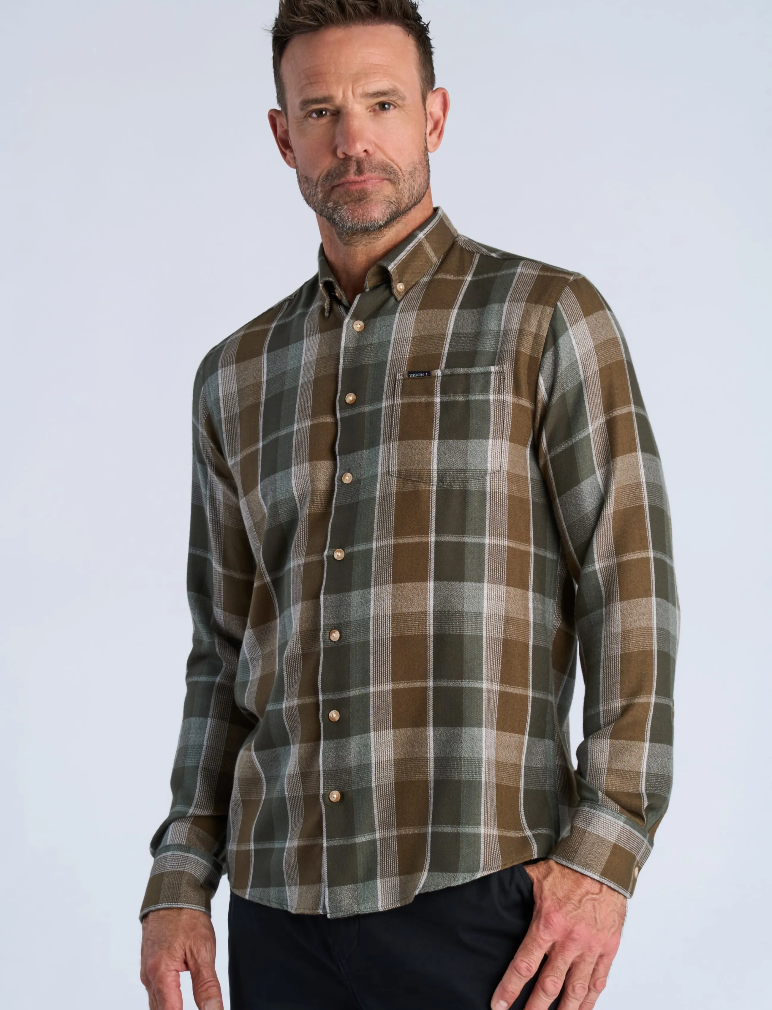 Bison Super soft check L/S - Checkered shirts - DK ARMY / khaki/green