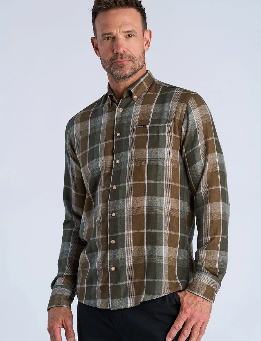 Bison - Super soft check L/S - checkered shirts - dk army - 0