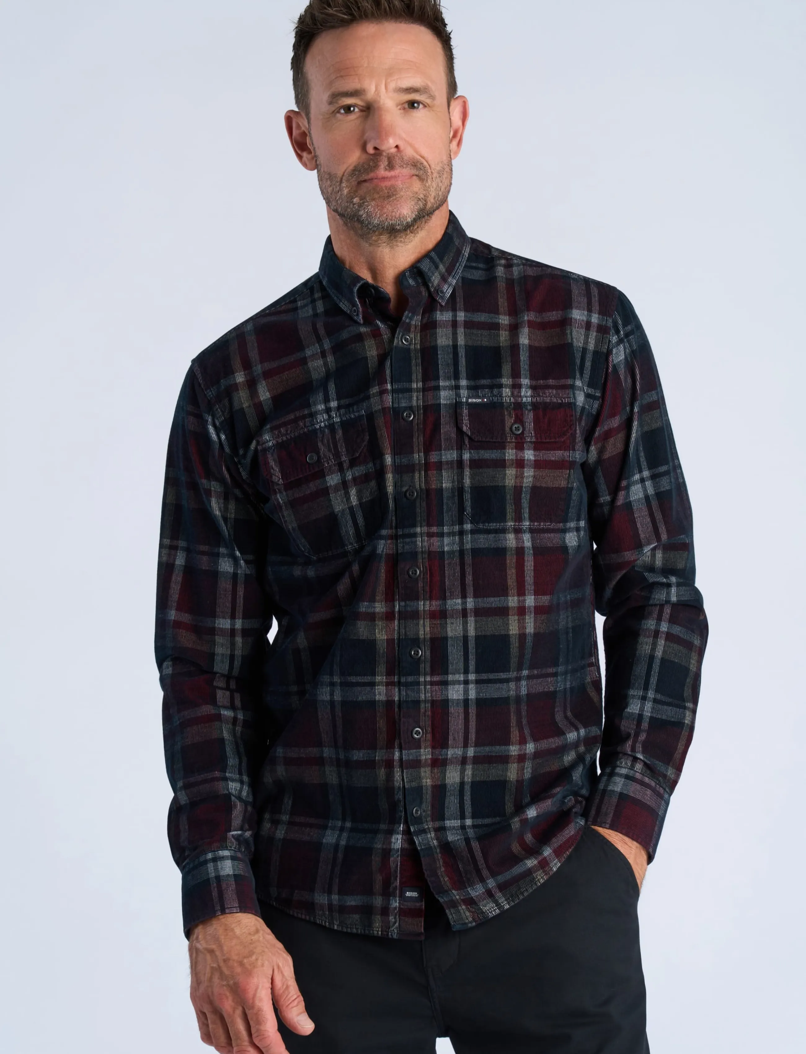 Bison Fine corduroy check shirt L/S - Kollektionen - DK RED / burgundy