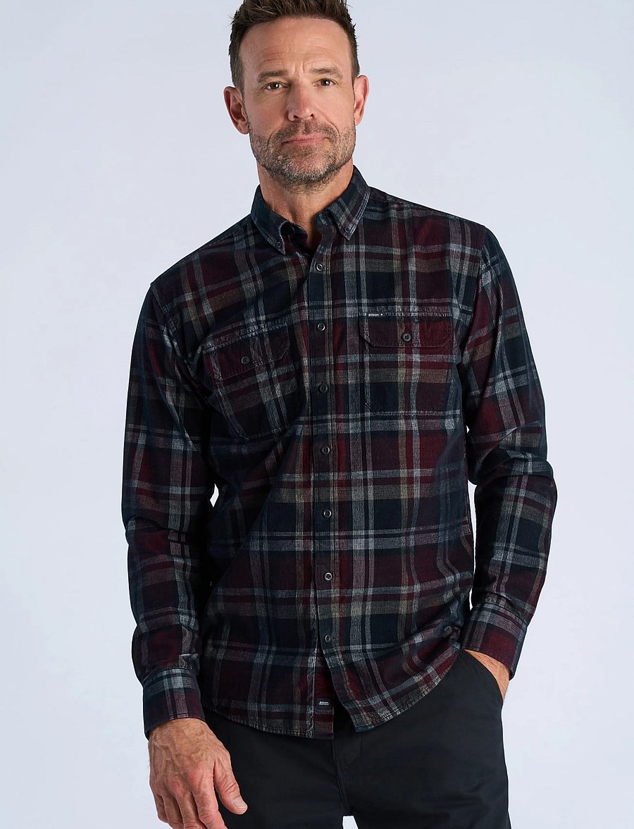 Bison - Fine corduroy check shirt L/S - kollektionen - dk red - 0