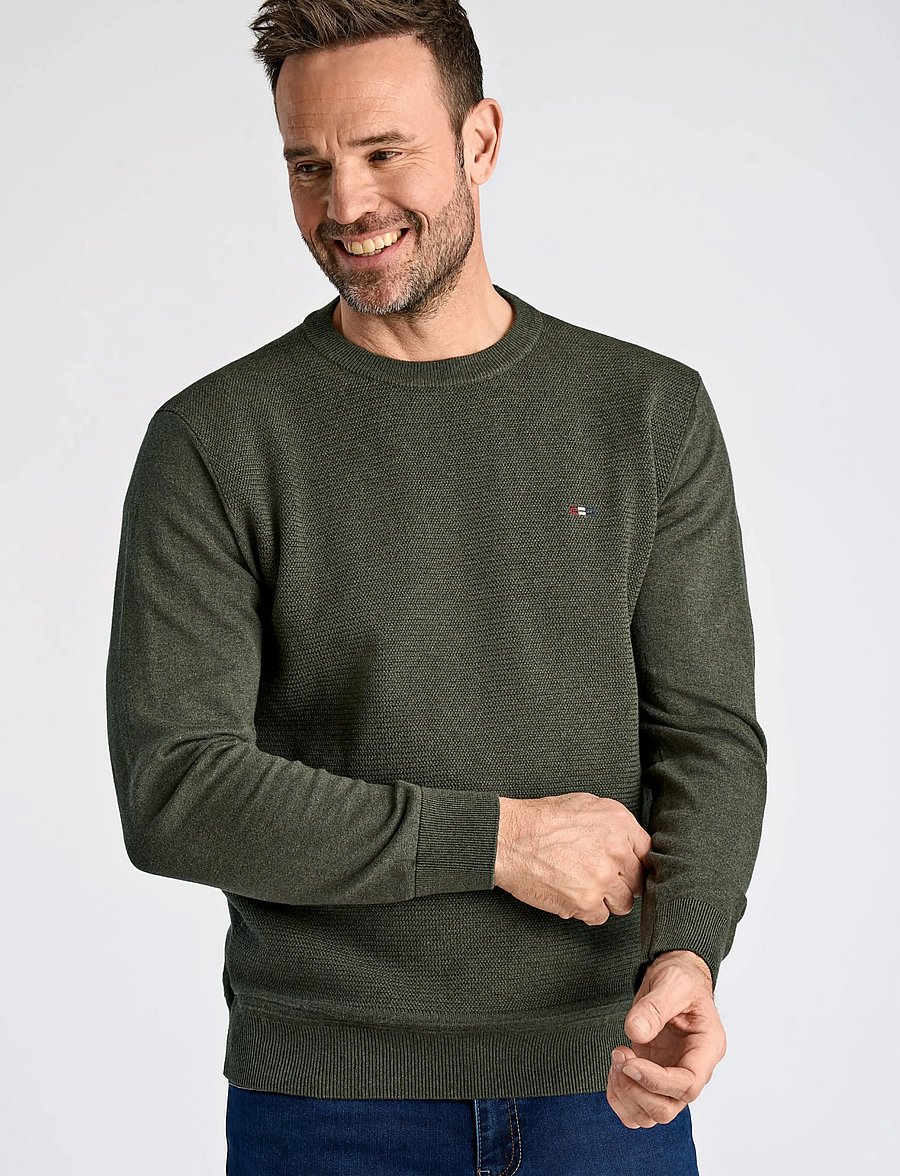 Bison - Structured o-neck knit - rundhals - dk olive mel - 0