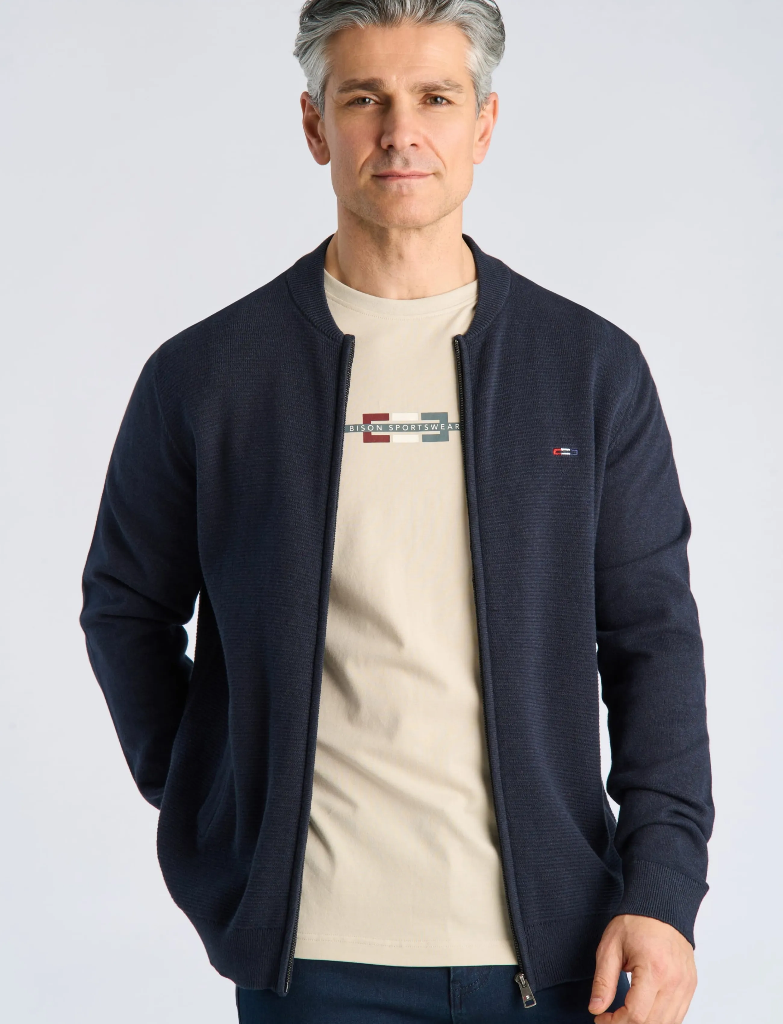 Bison Baseball cardigang structure knit - Looks for less - NAVY MEL / navy
