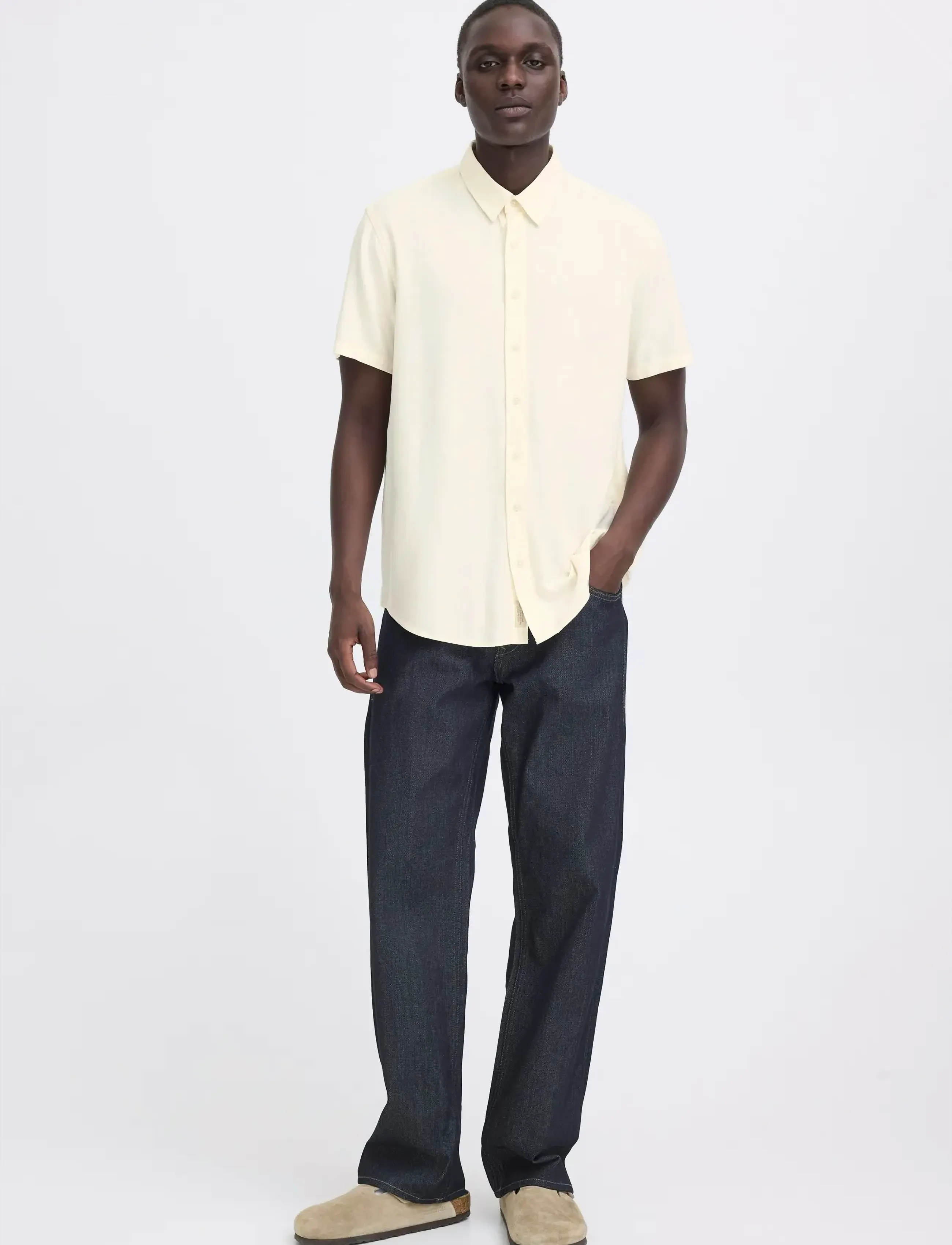 Blend BHBOBBY LINEN S/S - Kurzarmhemden - SNOW WHITE / cream