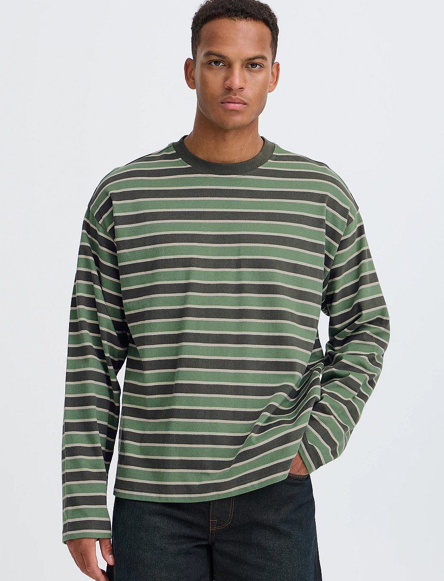 Blend - BHKHALID L/S STRIPE TEE - langærmede t-shirts - elm green - 5