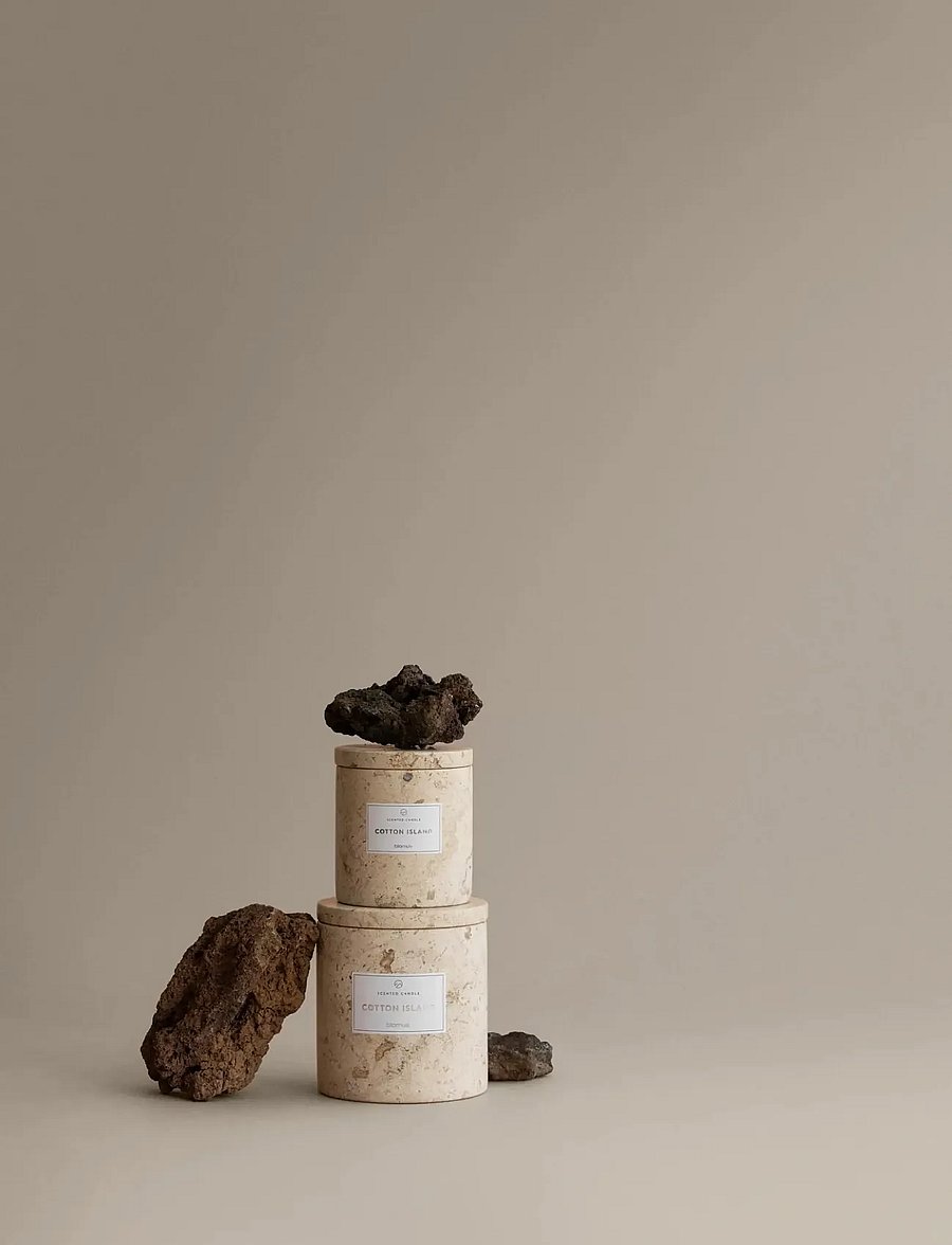 Blomus - Scented Travertine Candle - 11 cm, Ø 10 cm - FRABLI - Travertine - above 500kr - travertine - 2