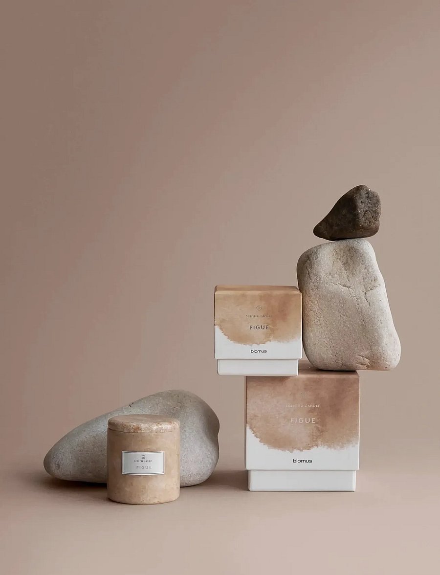 Blomus - Scented Travertine Candle - 9 cm, Ø 8 cm - FRABLI - Indian Tan - indian tan - 0