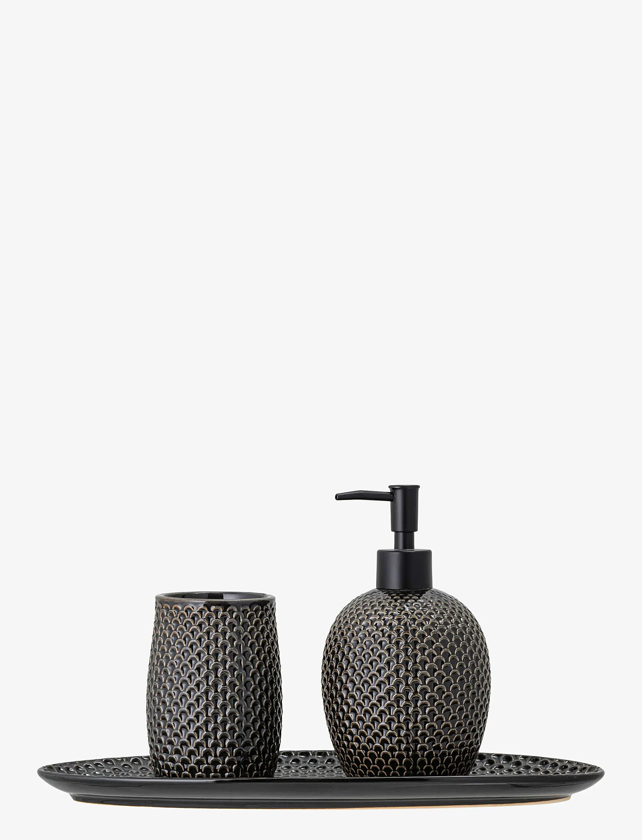 Bloomingville - Hrin Soap Dispenser Set, Grey, Stoneware - tandbørsteholdere - grey - 1