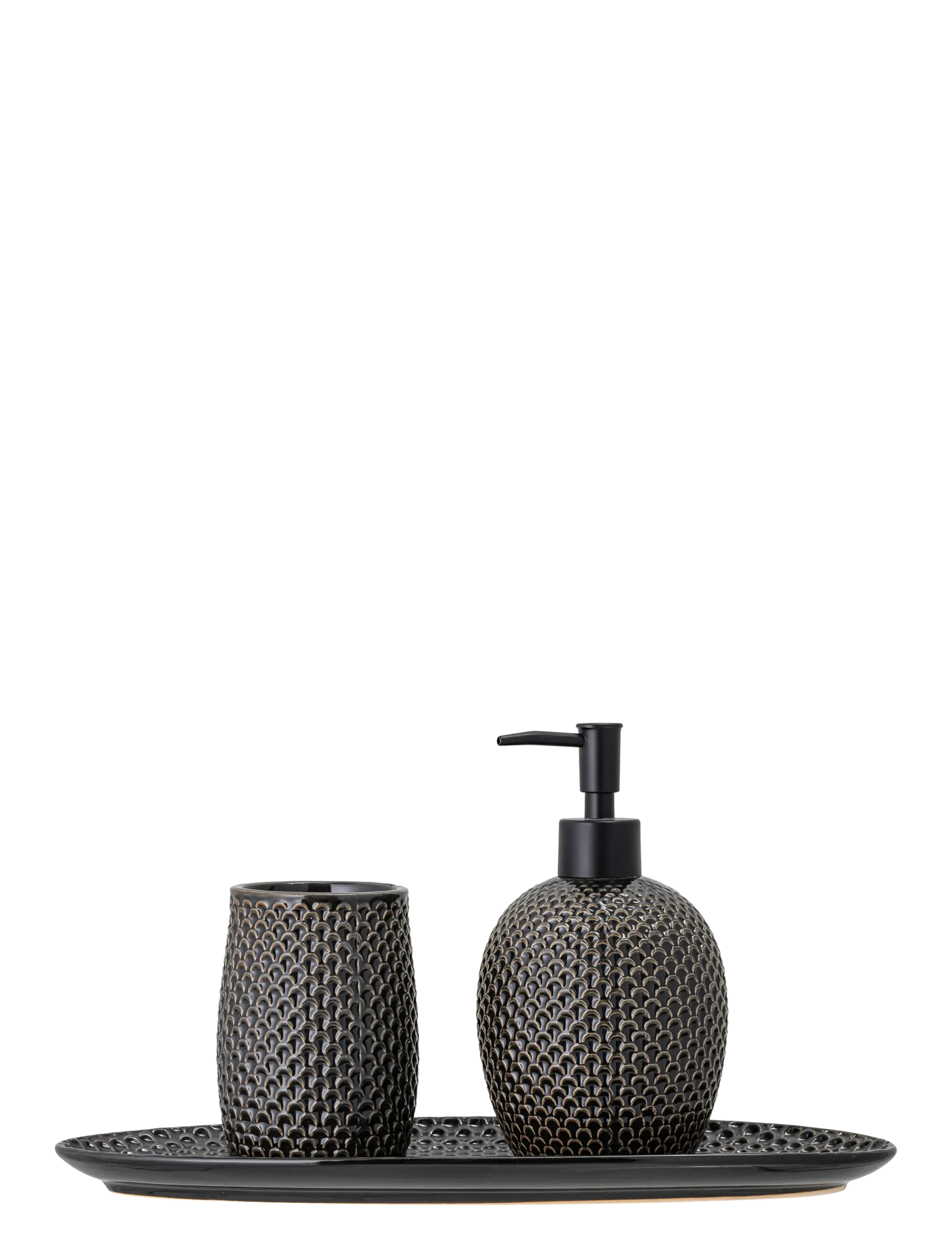 Bloomingville Hrin Soap Dispenser Set, Grey, Stoneware - Seebidosaatorid ja -alused - GREY / black