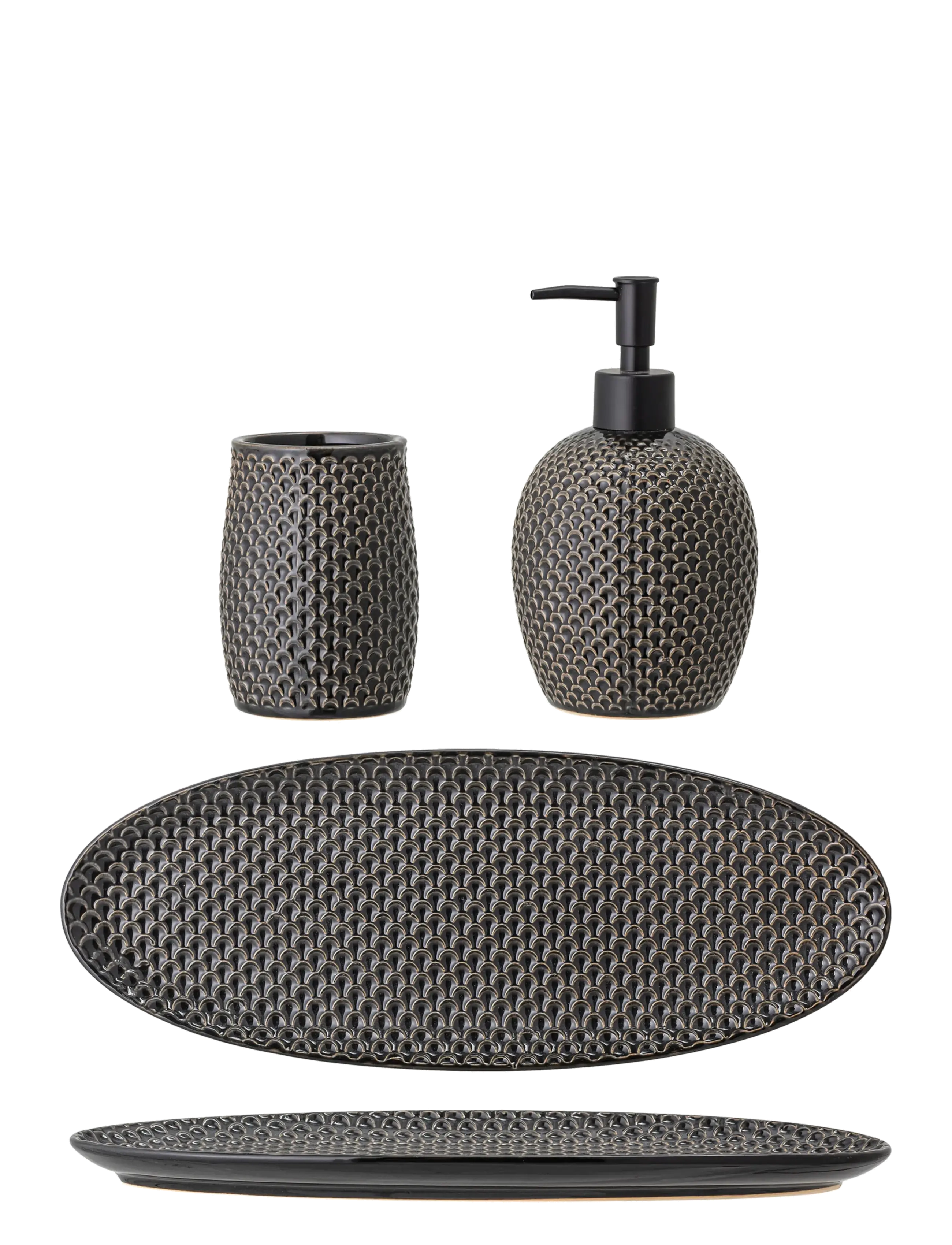 Bloomingville - Hrin Soap Dispenser Set, Grey, Stoneware - tandbørsteholdere - grey - 2