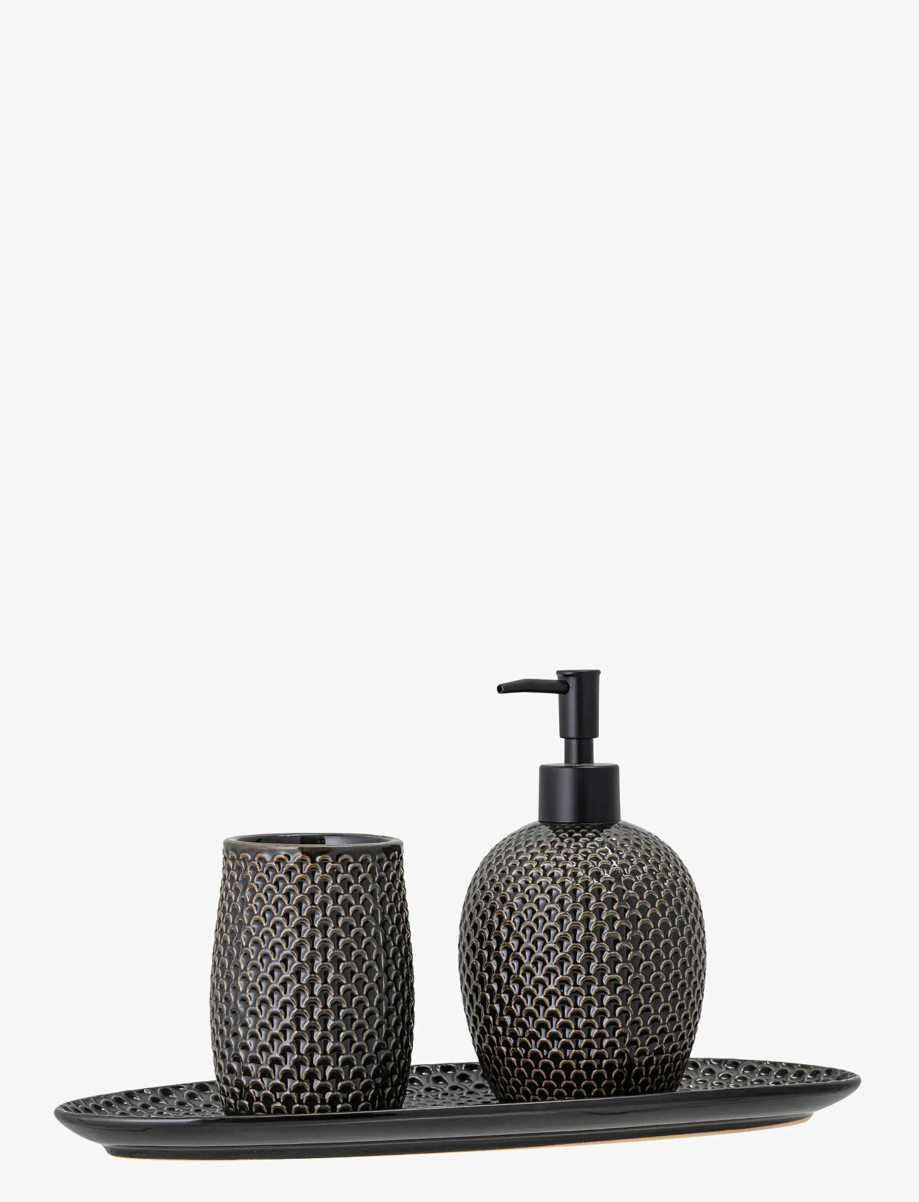 Bloomingville - Hrin Soap Dispenser Set, Grey, Stoneware - tandbørsteholdere - grey - 3
