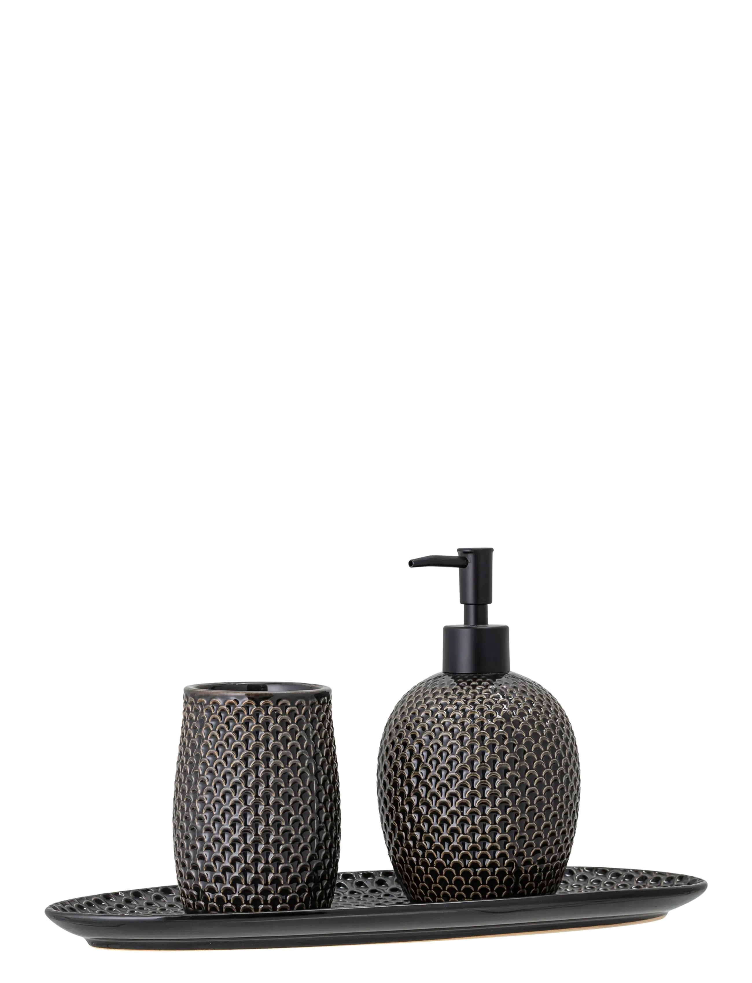 Bloomingville - Hrin Soap Dispenser Set, Grey, Stoneware - tandbørsteholdere - grey - 3