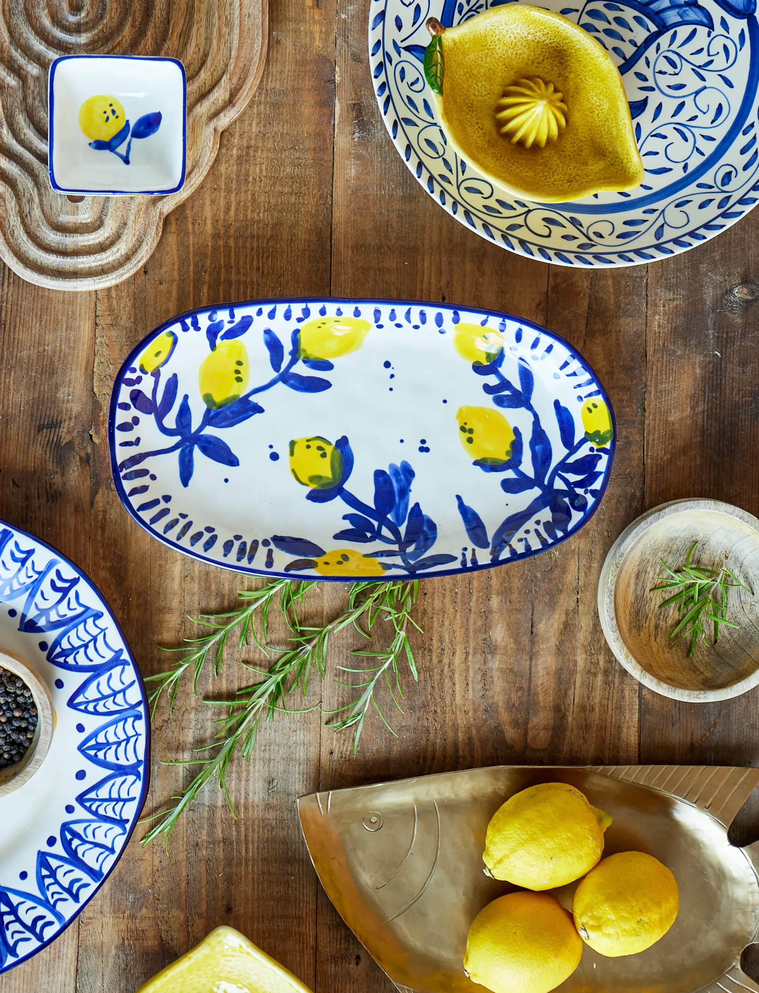 Bloomingville Maxima Serving Plate, Blue, Stoneware, 29X4X16.5 cm, Dishes, Mehrfarbig/gemustert - Platters, Homeware