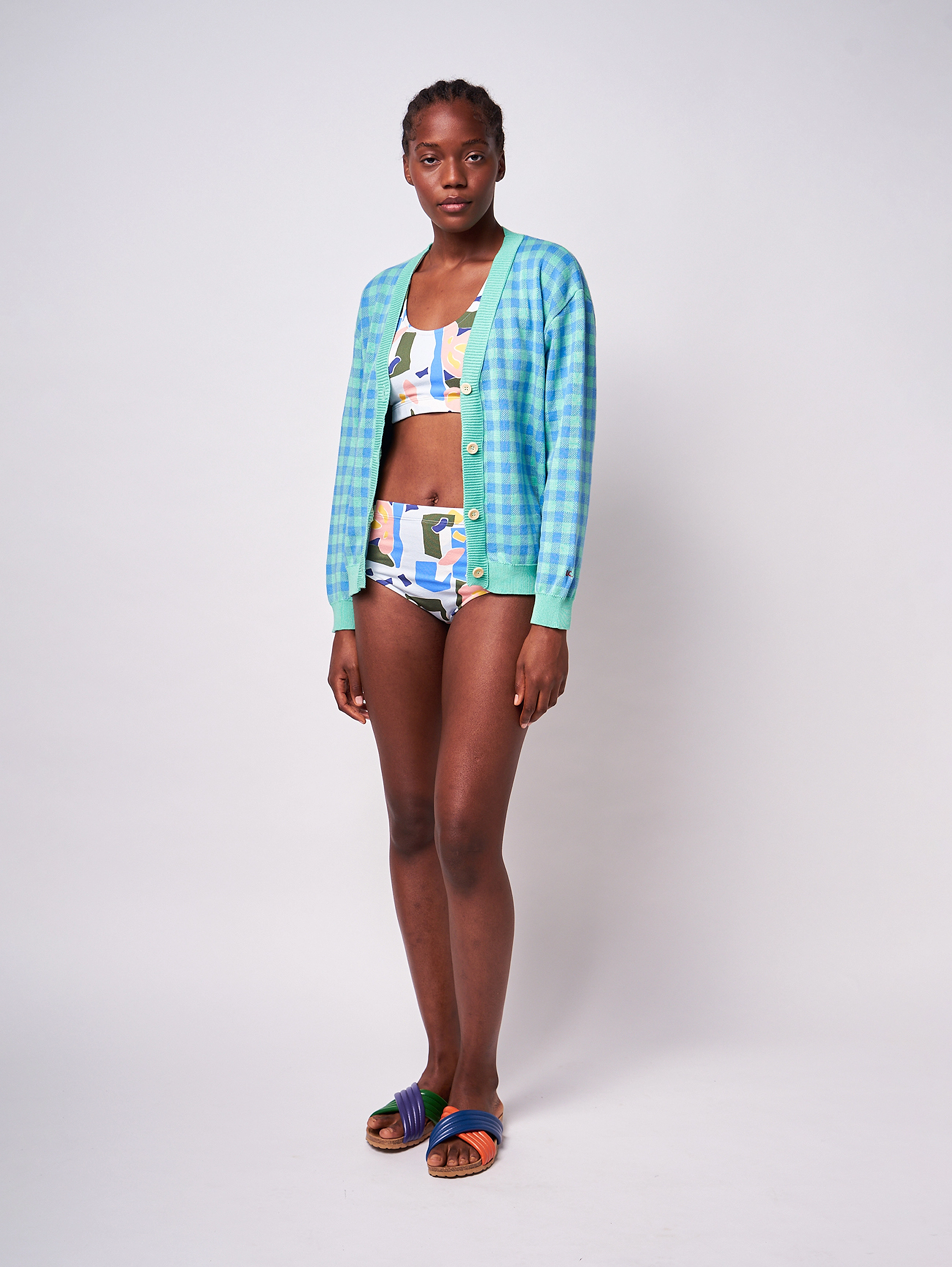 Bobo Choses - Colour block checked knitted v-neck cardigan - light green - 2