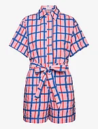 Checked collar buttoned short playsuit - PINK