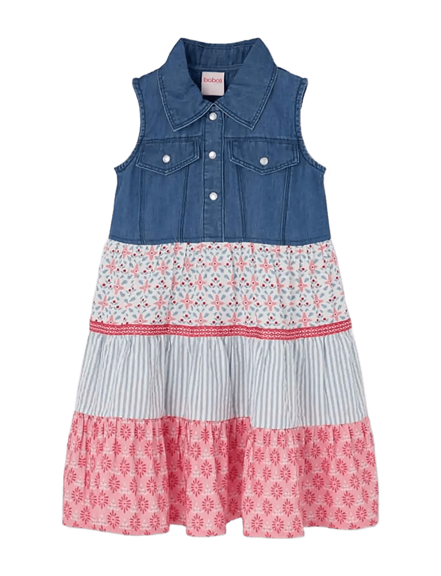 Boboli - Denim dress combined for girl -BCI - robes pour bébés sans manches - blue - 0