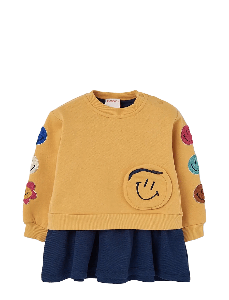 Boboli - Fleece combined dress for girl -BCI - langærmede babykjoler - mustard - 0