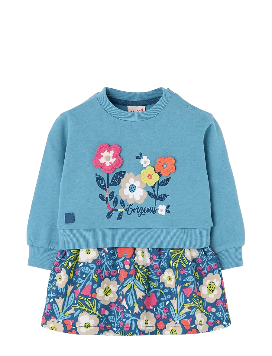Boboli - Fleece combined dress for girl -BCI - långärmade babyklänningar - lake - 0