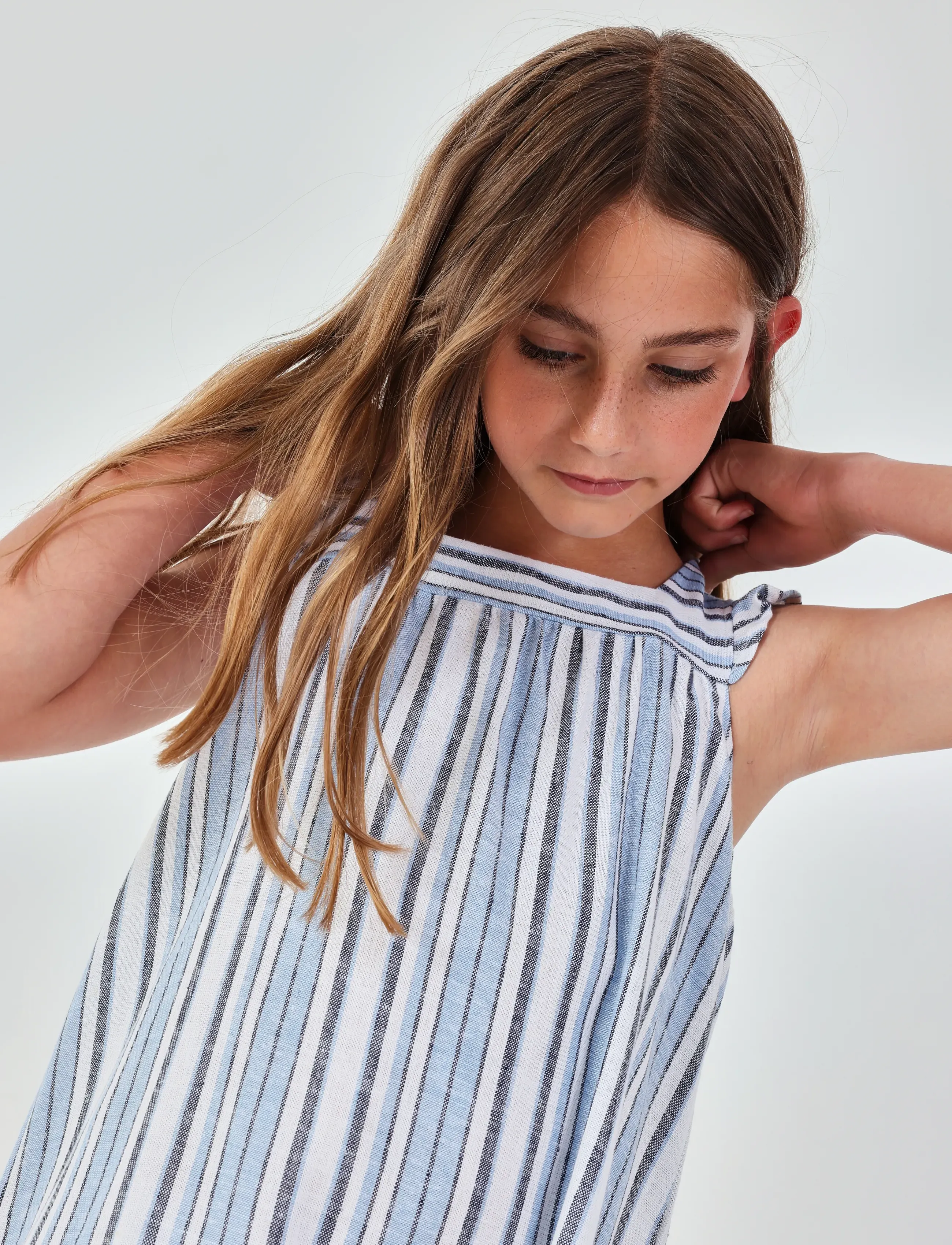 Boboli Linen Dress Striped For Girl, 98, Casual Dresses, Blau - Sleeveless Kinder