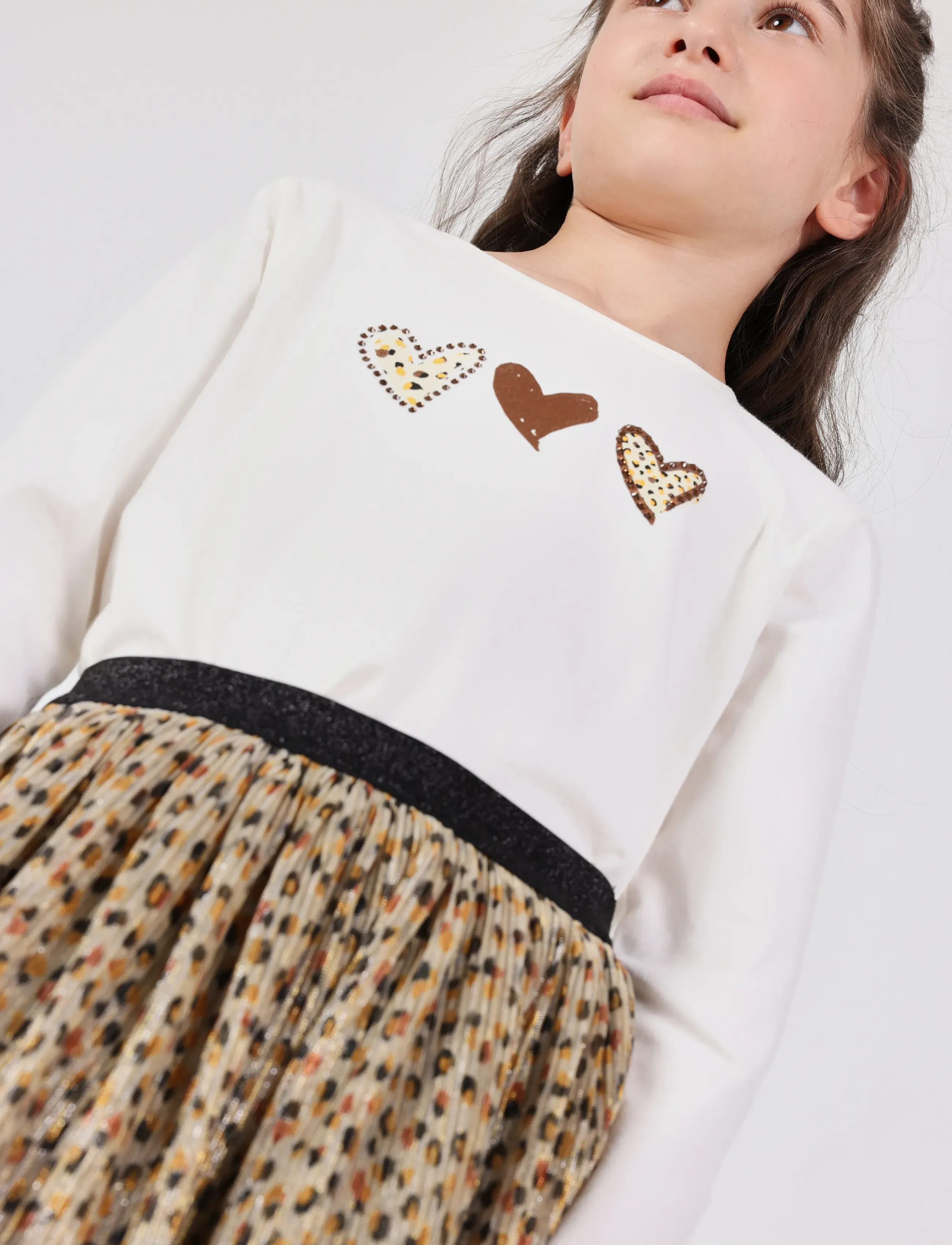 Boboli Stretch Knit T-Shirt, Langærmet Strækstrikket T-shirt Med Hjerteprint, Cream, Str: 122