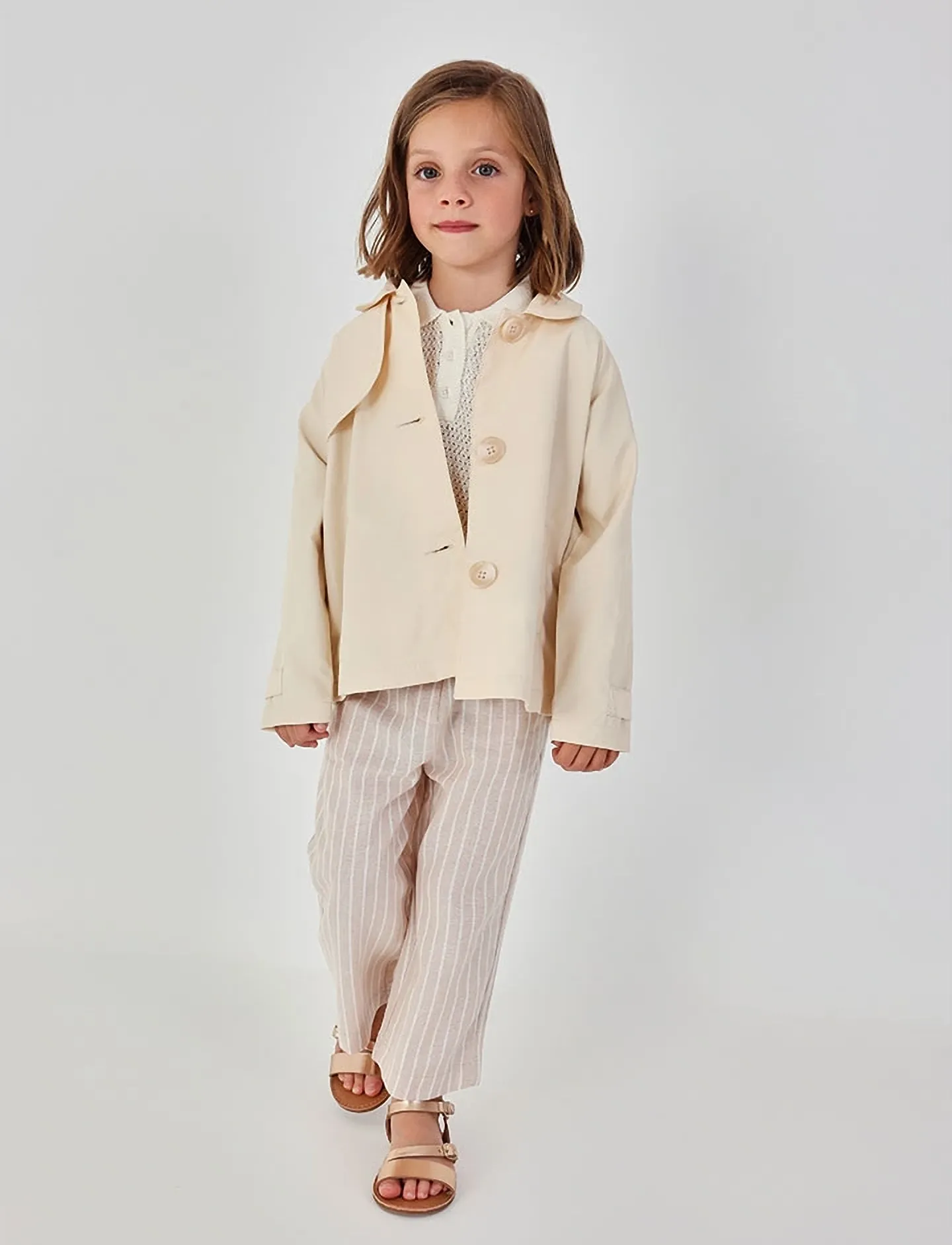 Boboli Linen Trousers Striped For Girl, Børn, Stribede Cropped Bukser, Beige, Str: 140