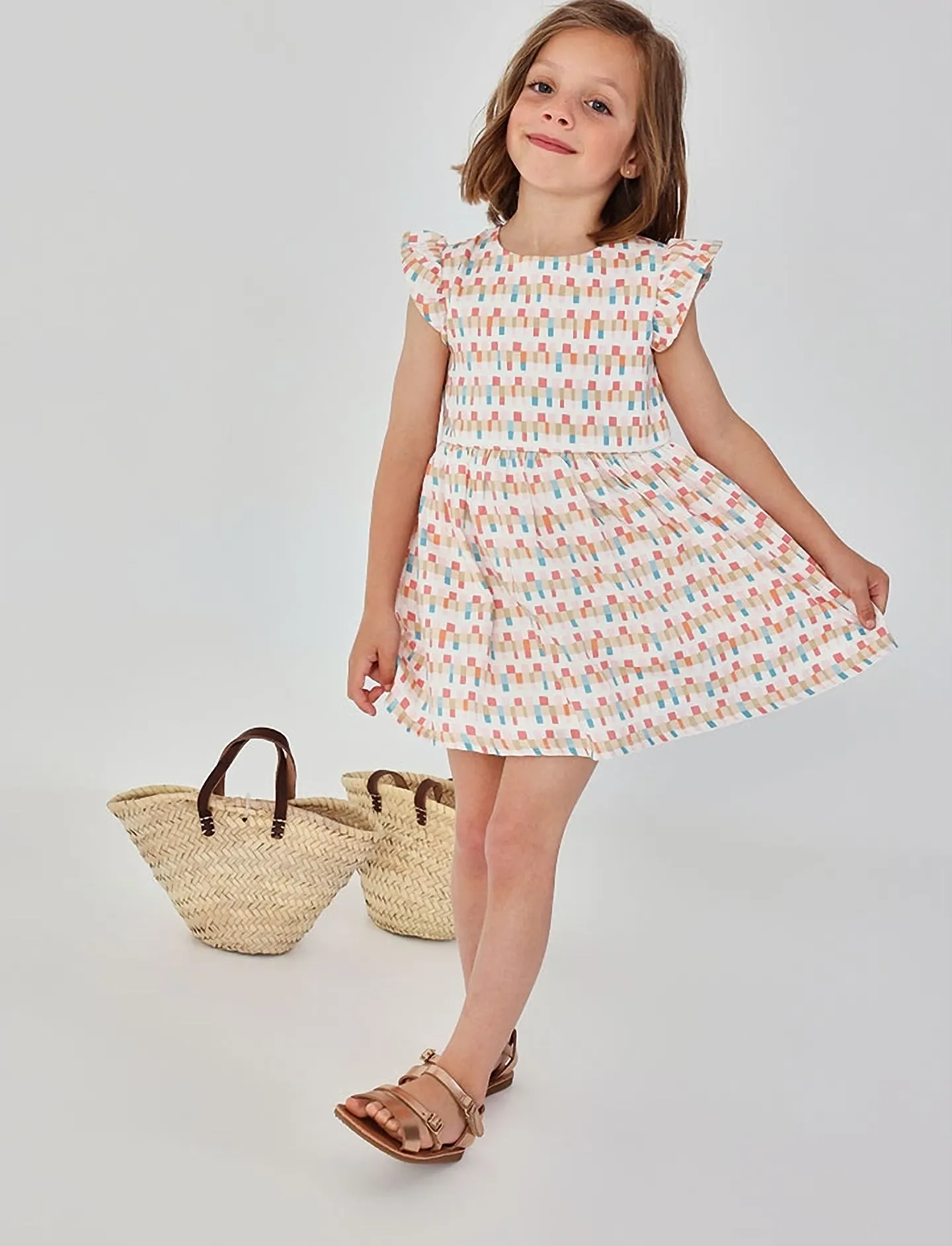Boboli Satin Dress "Friezes" For Girl -Bci, 98, Casual Dresses, Mehrfarbig/gemustert - Short-sleeved Kinder