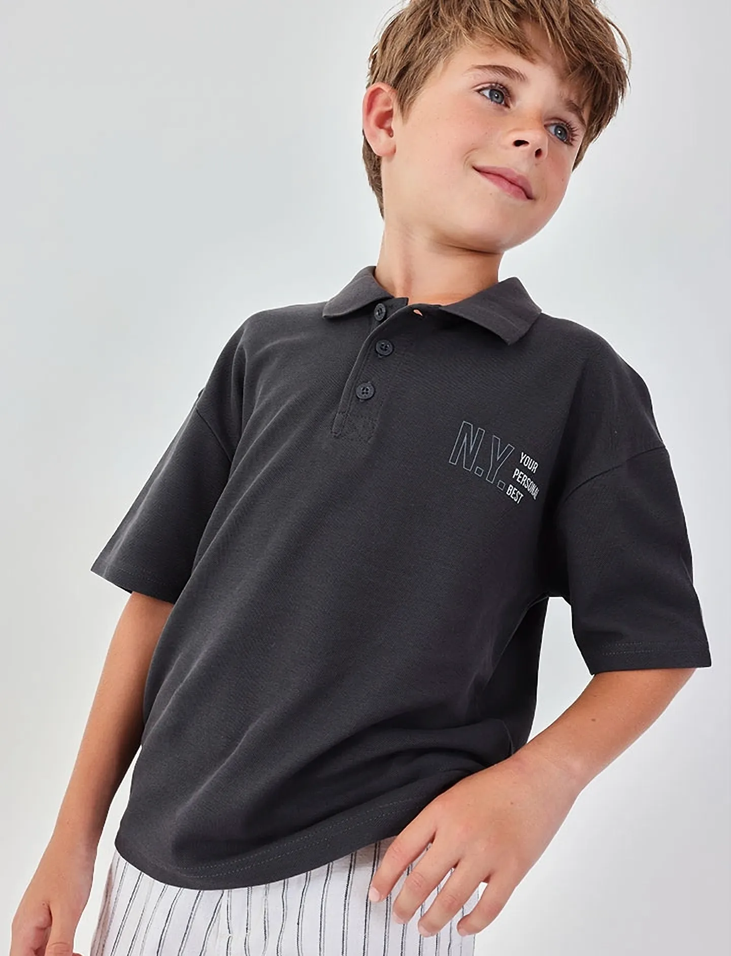 Boboli Knit Polo For Boy -Bci, 140, Shirts, Grau - Short-sleeved Kinder