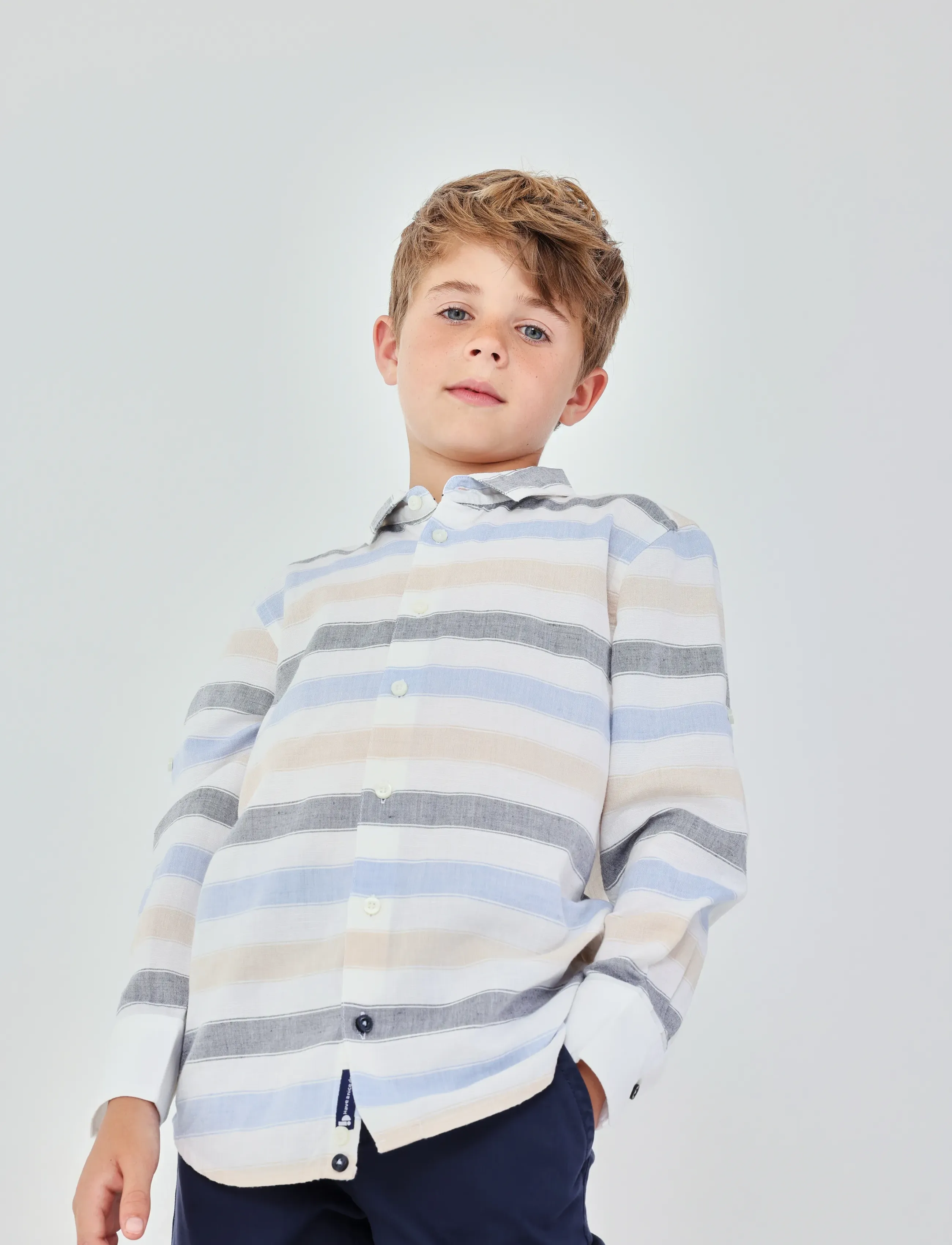 Boboli Shirt Linen Striped For Boy -Bci, 140, Multi/patterned, Skjorter > Langærmede Shirts, Børn
