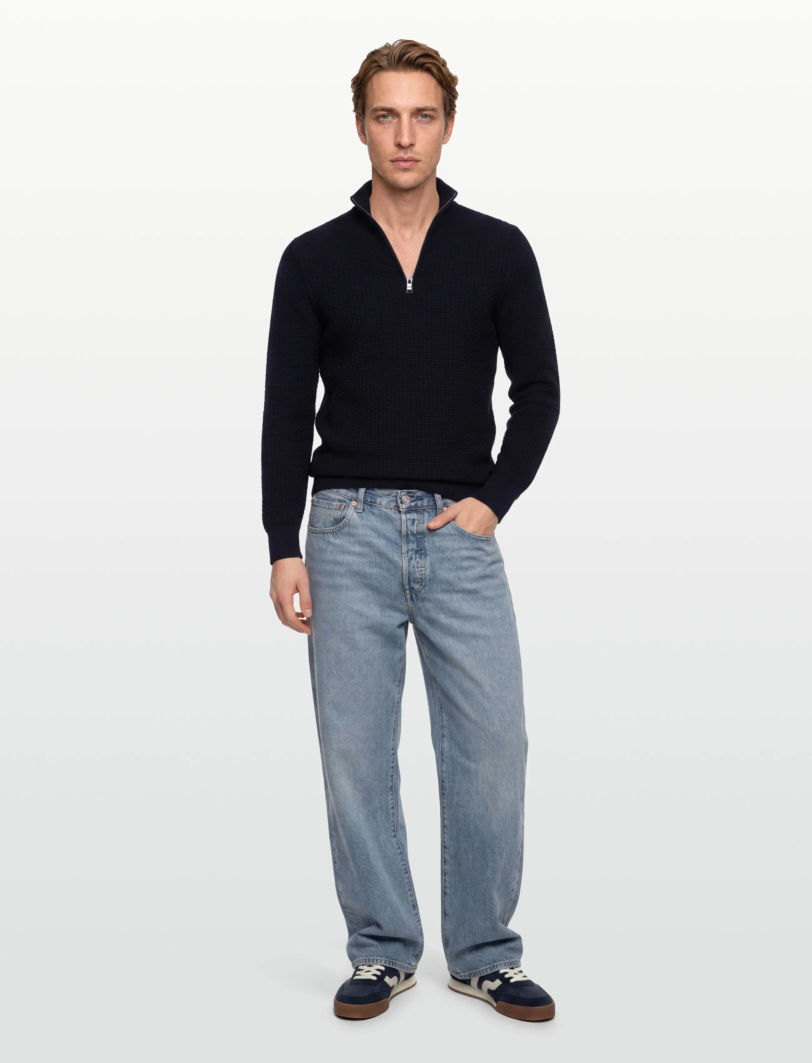 BOSS H-Ulicio, Mænd, Tekstureret Halvlynlås Sweater, Navy, Str: M