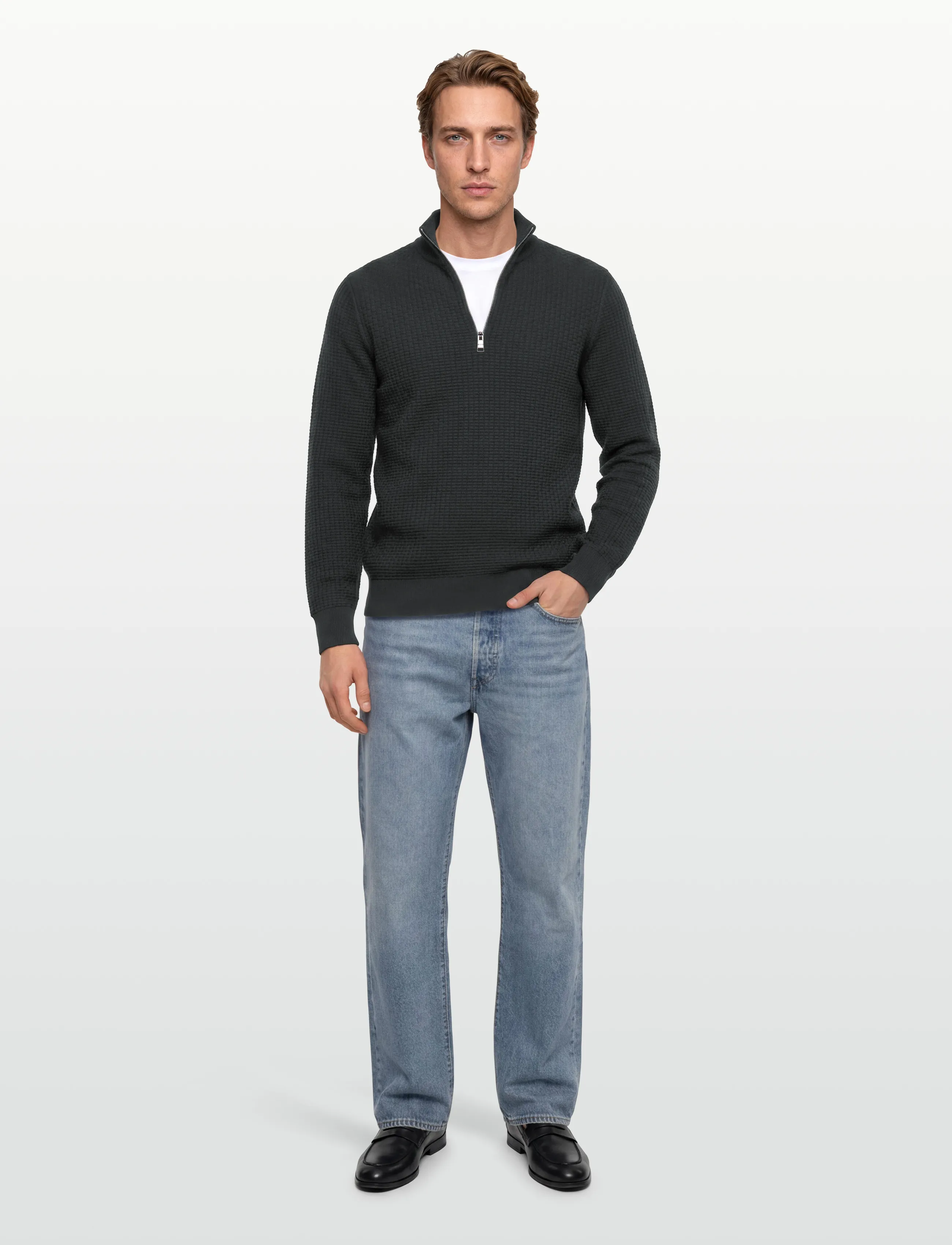 BOSS H-Ulicio, Mænd, Tekstureret Halvlynlås Sweater, Grå, Str: S
