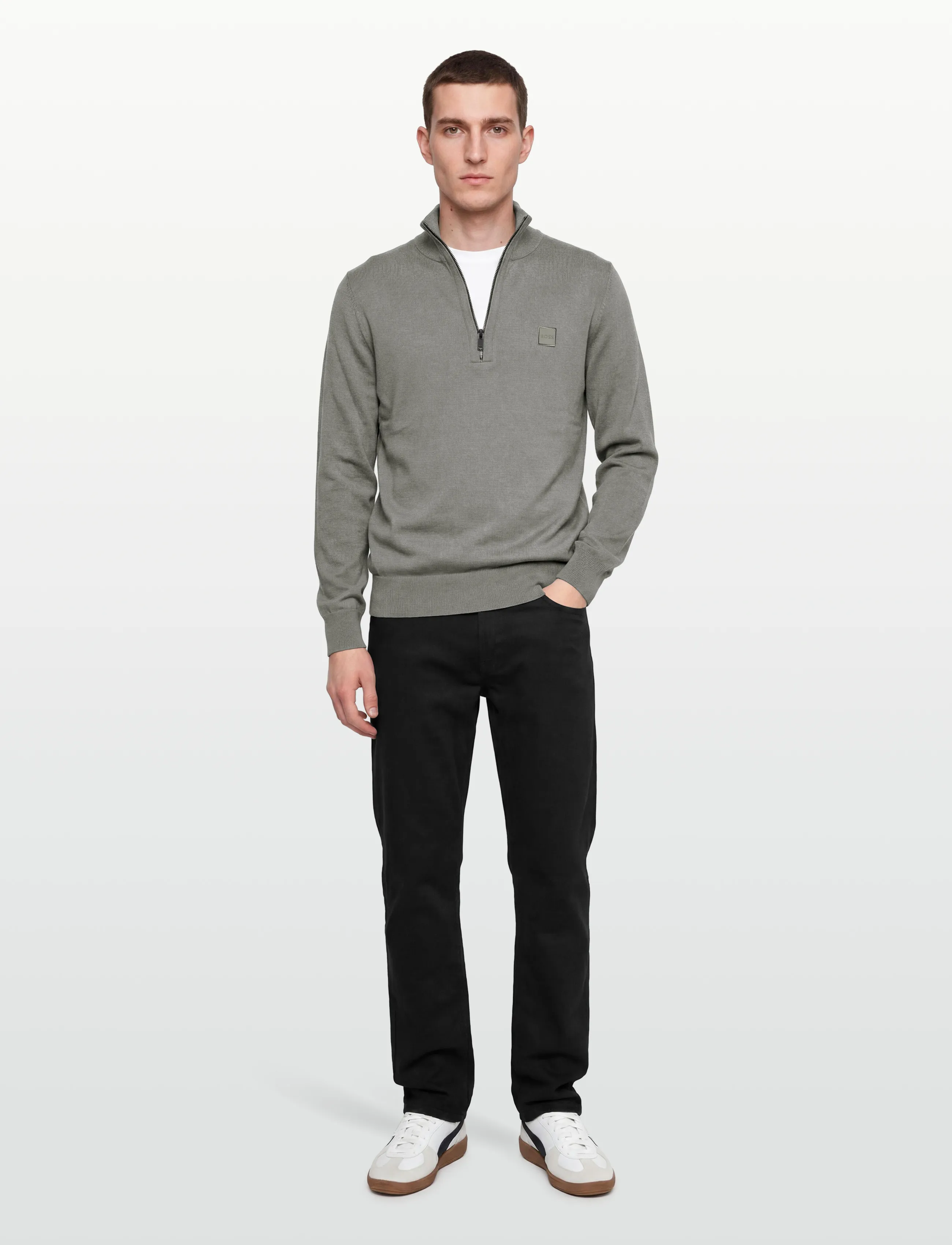 BOSS Kanobix_S - Pullover mit halbem Reißverschluss - OPEN GREY / khaki/green